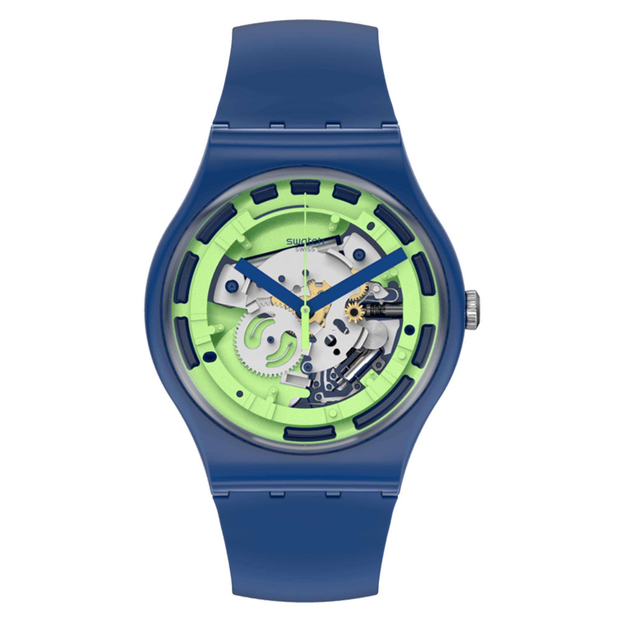 Swatch Blaues Anatomie Quarz Transparentes Zifferblatt Grünes Silikonarmband Uhr SUON147