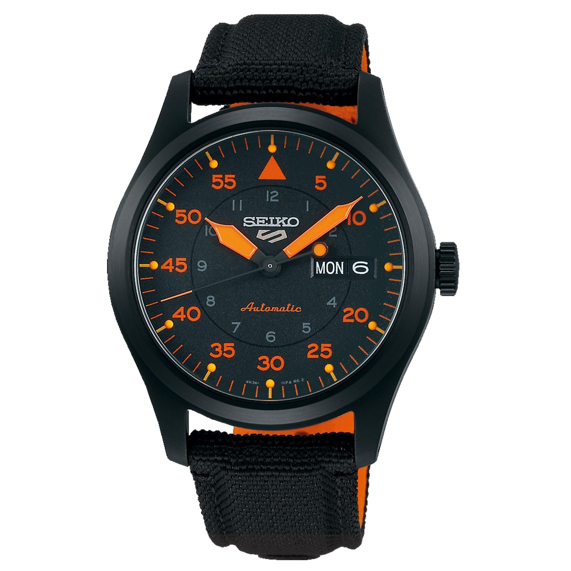Seiko 5 Flieger Pilot/Aviation Style Automatik Schwarz und Orange Zifferblatt Canvas Armband Herren Uhr SRPH33K1