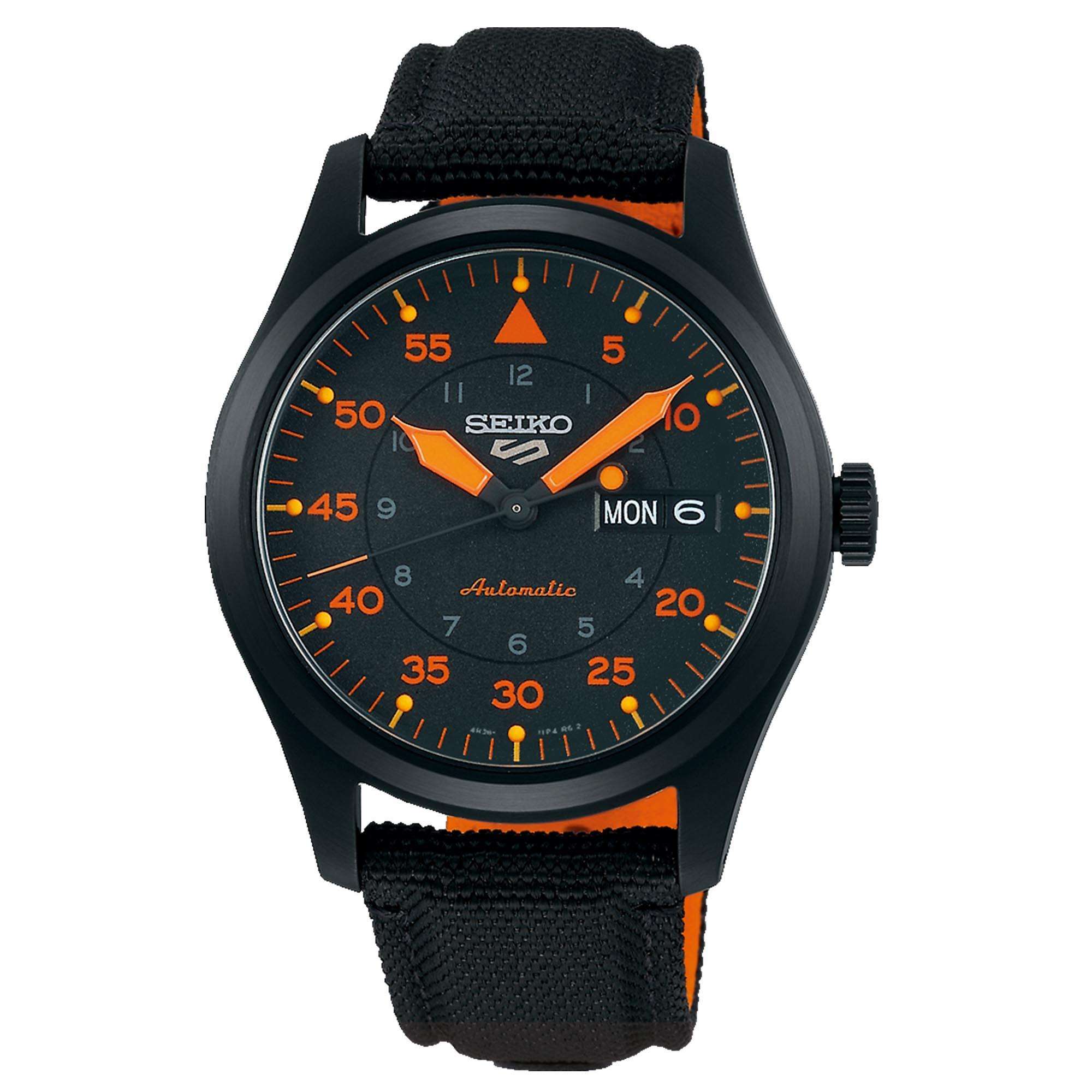 Seiko 5 Flieger Pilot/Aviation Style Automatik Schwarz und Orange Zifferblatt Canvas Armband Herren Uhr SRPH33K1
