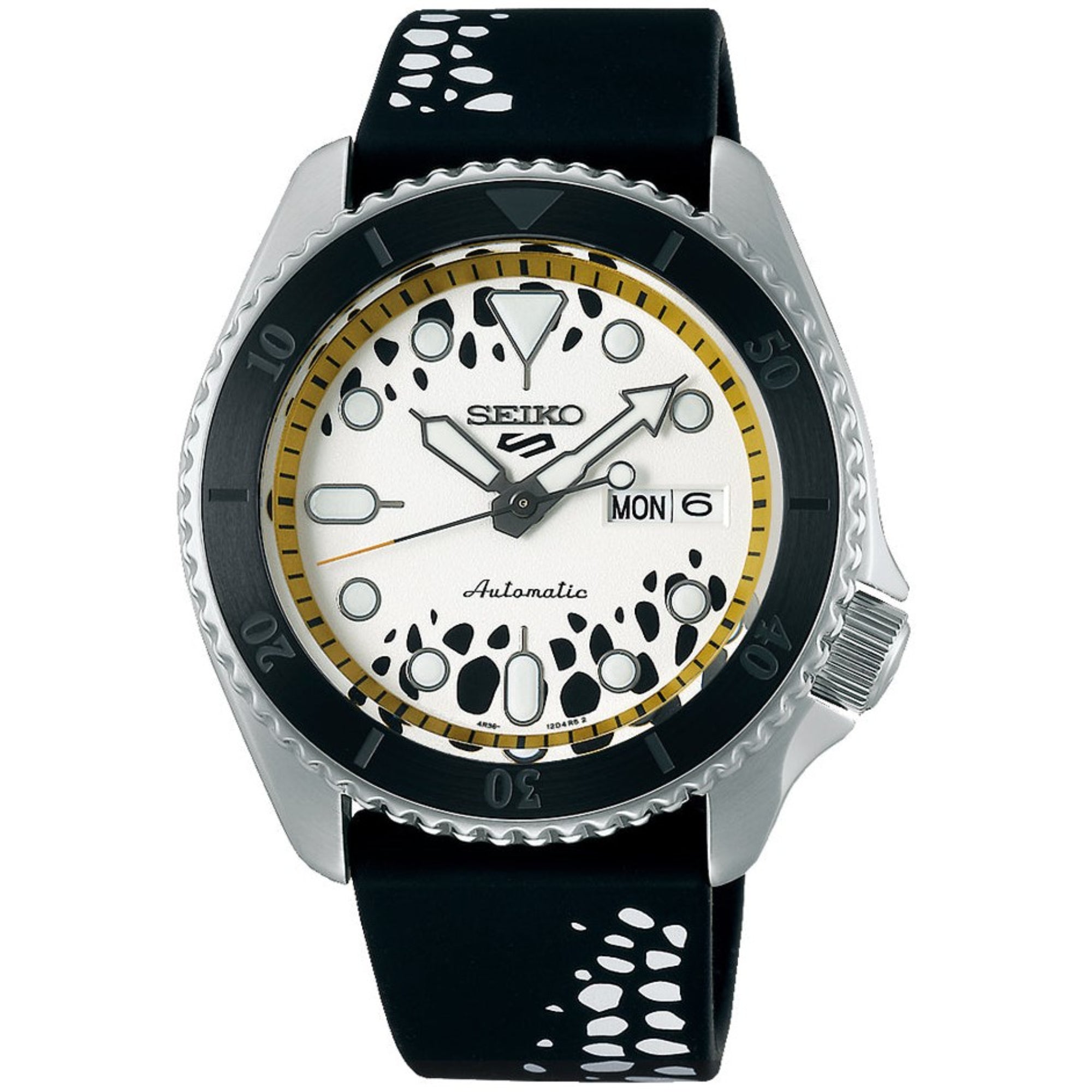 Seiko 5 Sports One Piece Trafalgar D. Water Law Automatik Weißes Zifferblatt Schwarzes Silikon Armband SRPH63K1