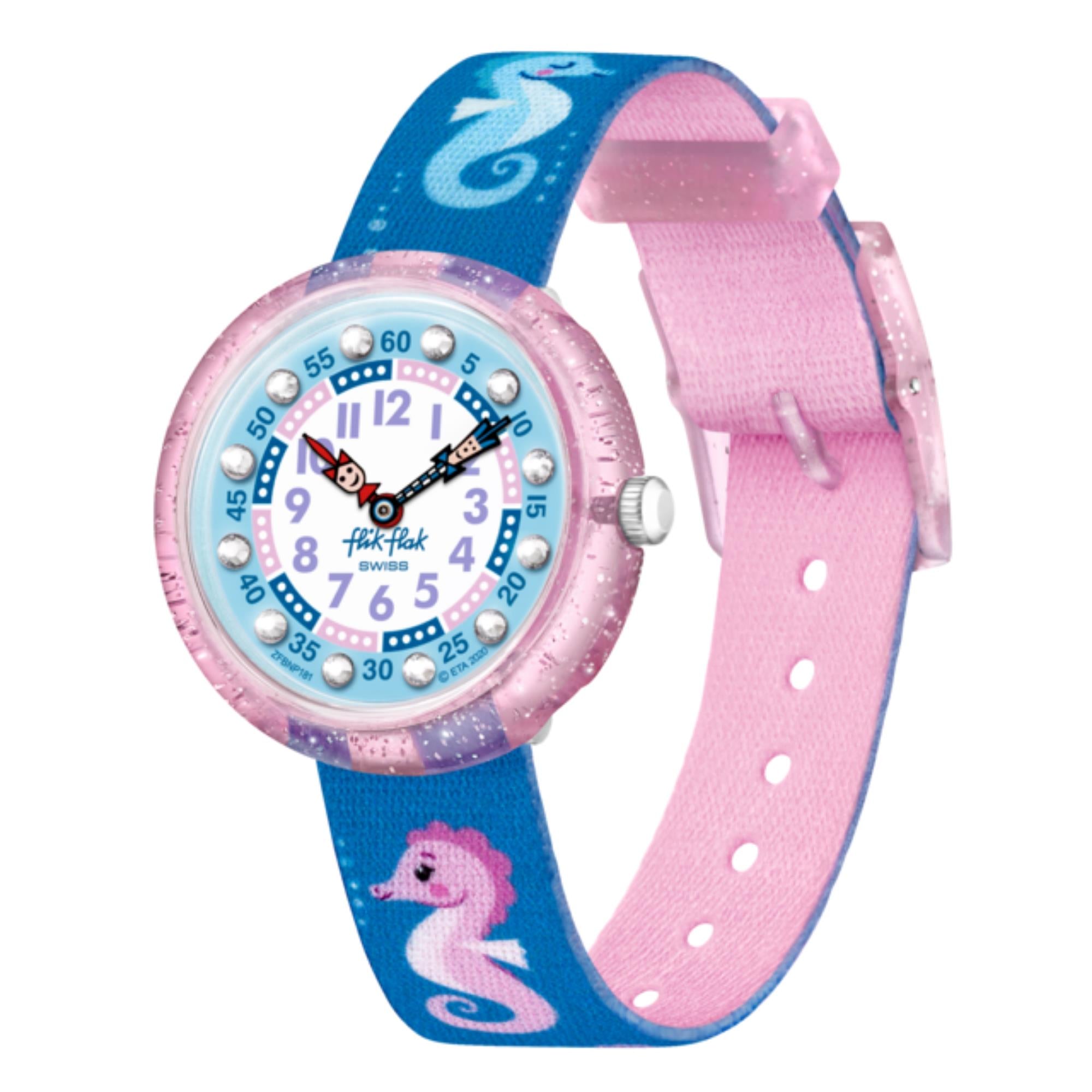 Flik Flak Cavalluccio Zweifarbiges Zifferblatt Blauer Textilarmband Kinderuhr FBNP181