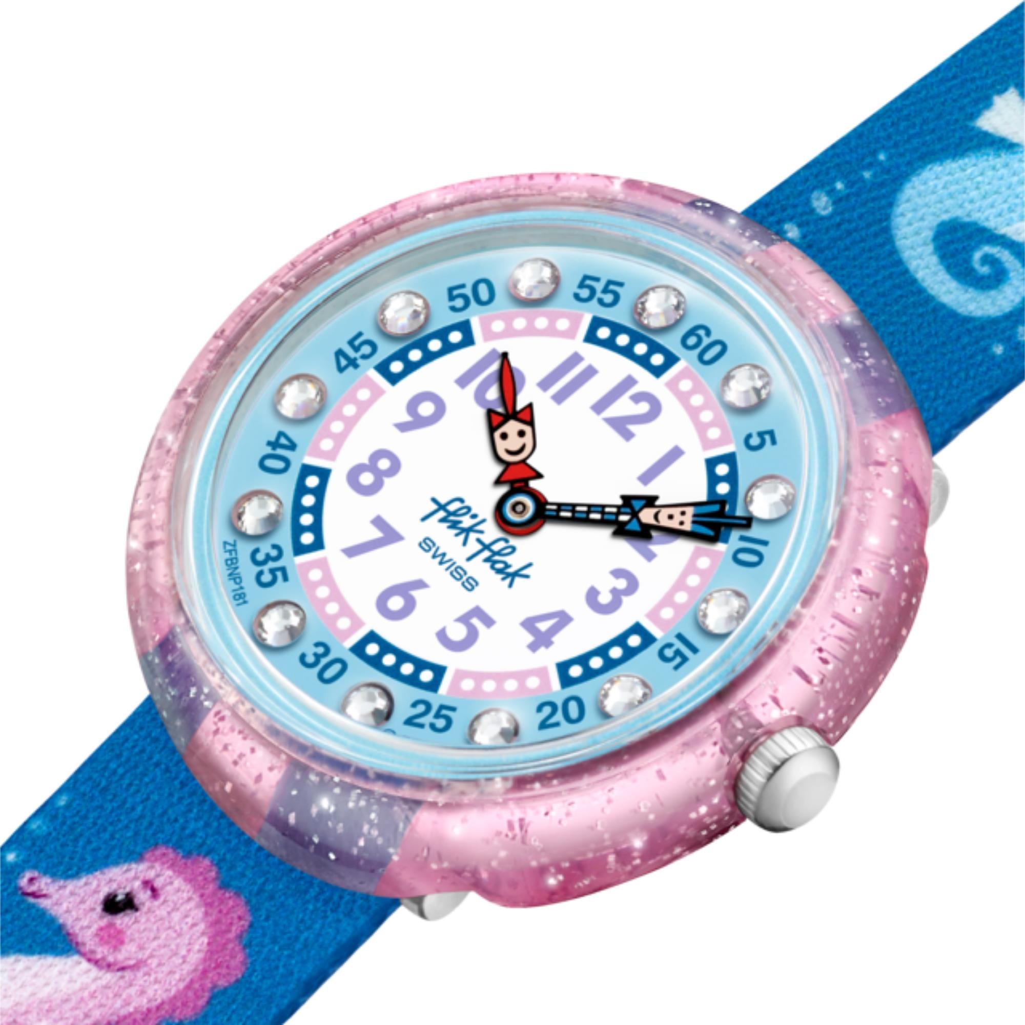 Flik Flak Cavalluccio Zweifarbiges Zifferblatt Blauer Textilarmband Kinderuhr FBNP181