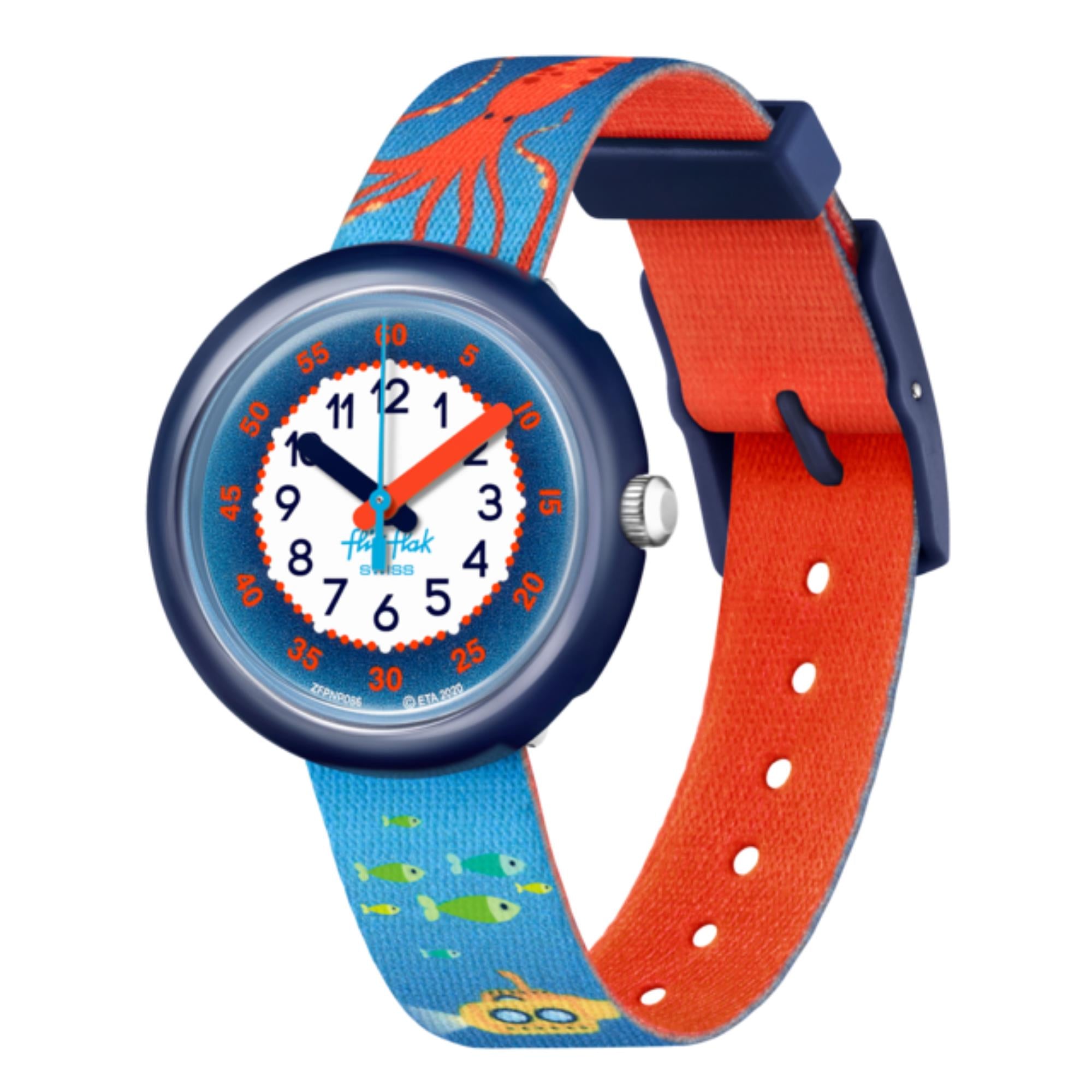 Flik Flak Sea La Vie Quarz Zweifarbiges Zifferblatt Blauer PET Recycelter Armband Kinderuhr FPNP086