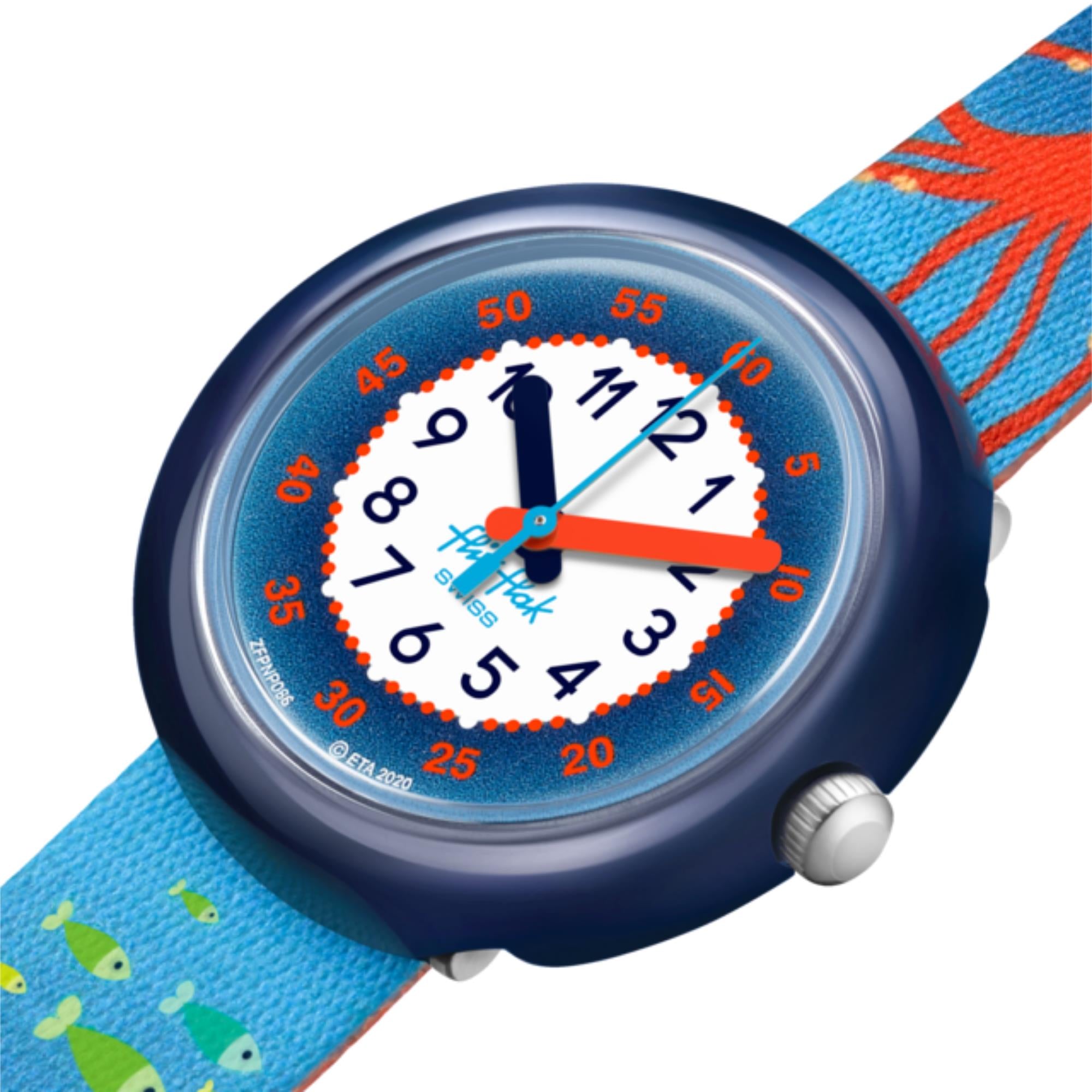 Flik Flak Sea La Vie Quarz Zweifarbiges Zifferblatt Blauer PET Recycelter Armband Kinderuhr FPNP086