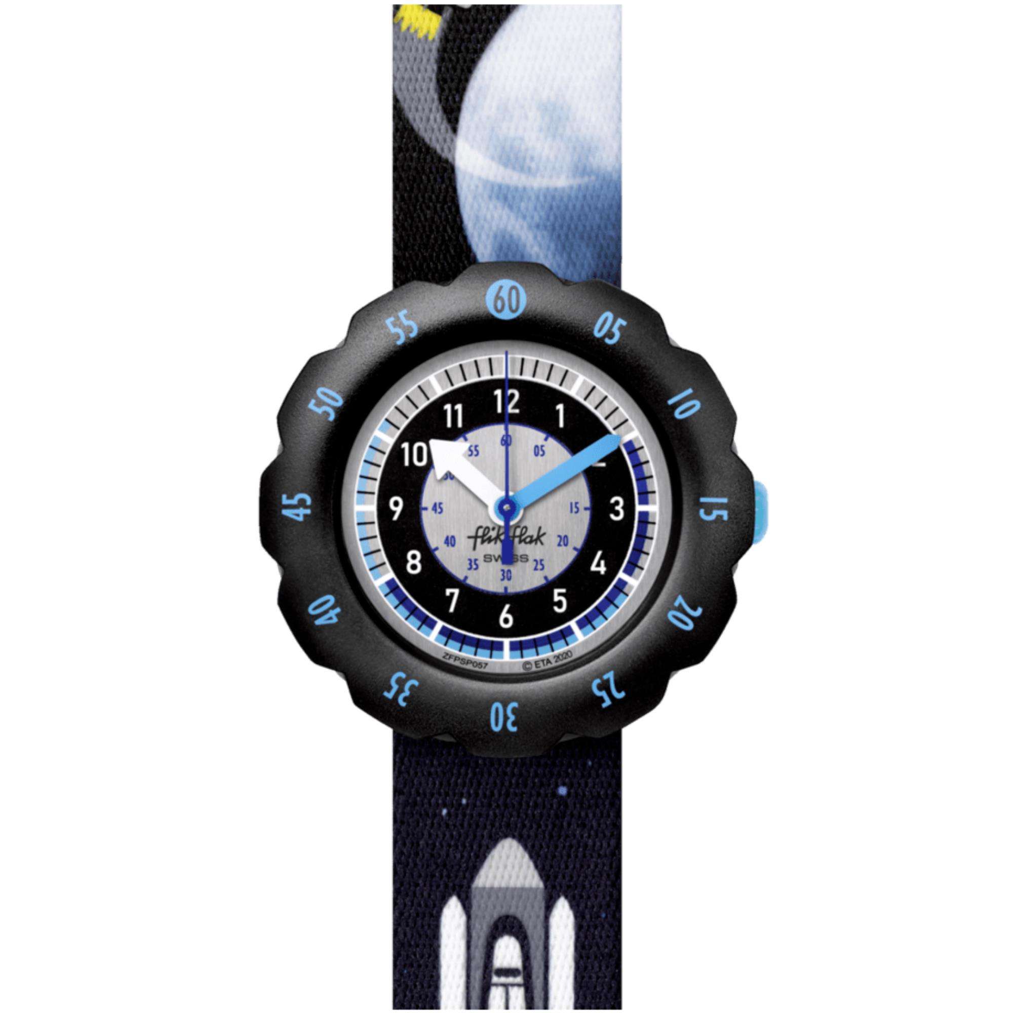 Flik Flak Moon and Back Zweifarbiges Zifferblatt Schwarzer Textilarmband Kinderuhr FPSP057