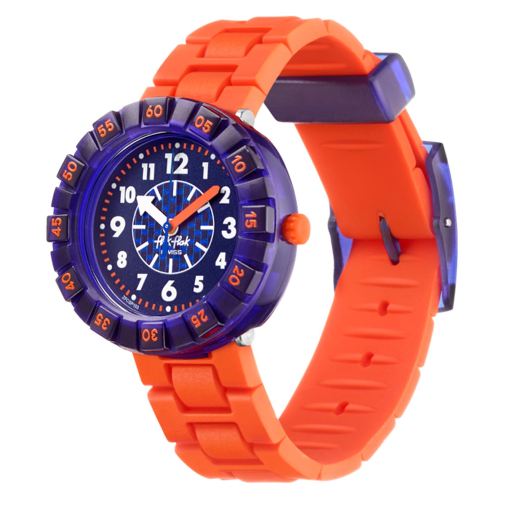 Flik Flak Orangebrick Quarz Blaues Zifferblatt Oranges Silikonarmband Kinderuhr FCSP103