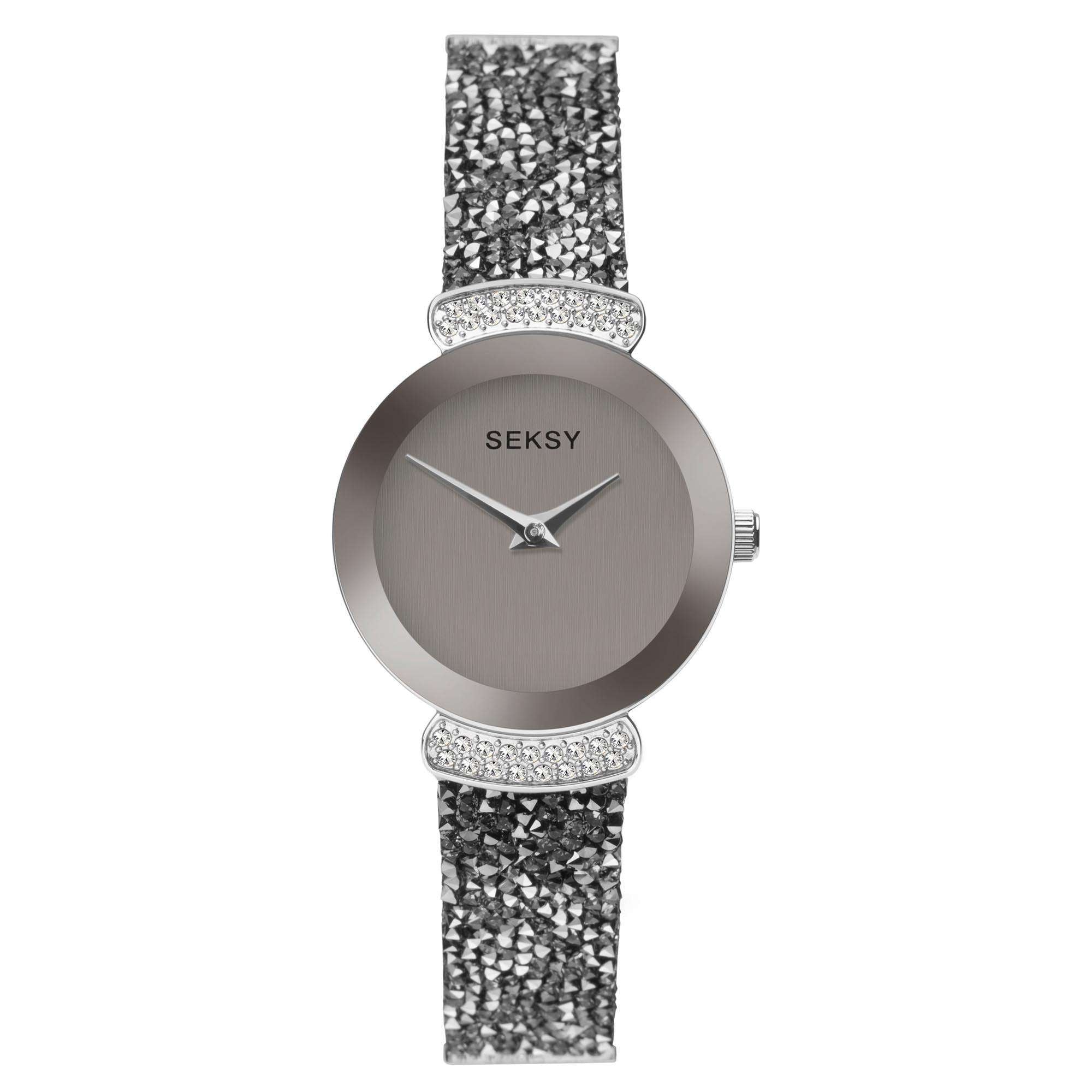 Seksy Rocks Quarz Graues Zifferblatt Silbernes Messing Armband Damen Uhr 2718
