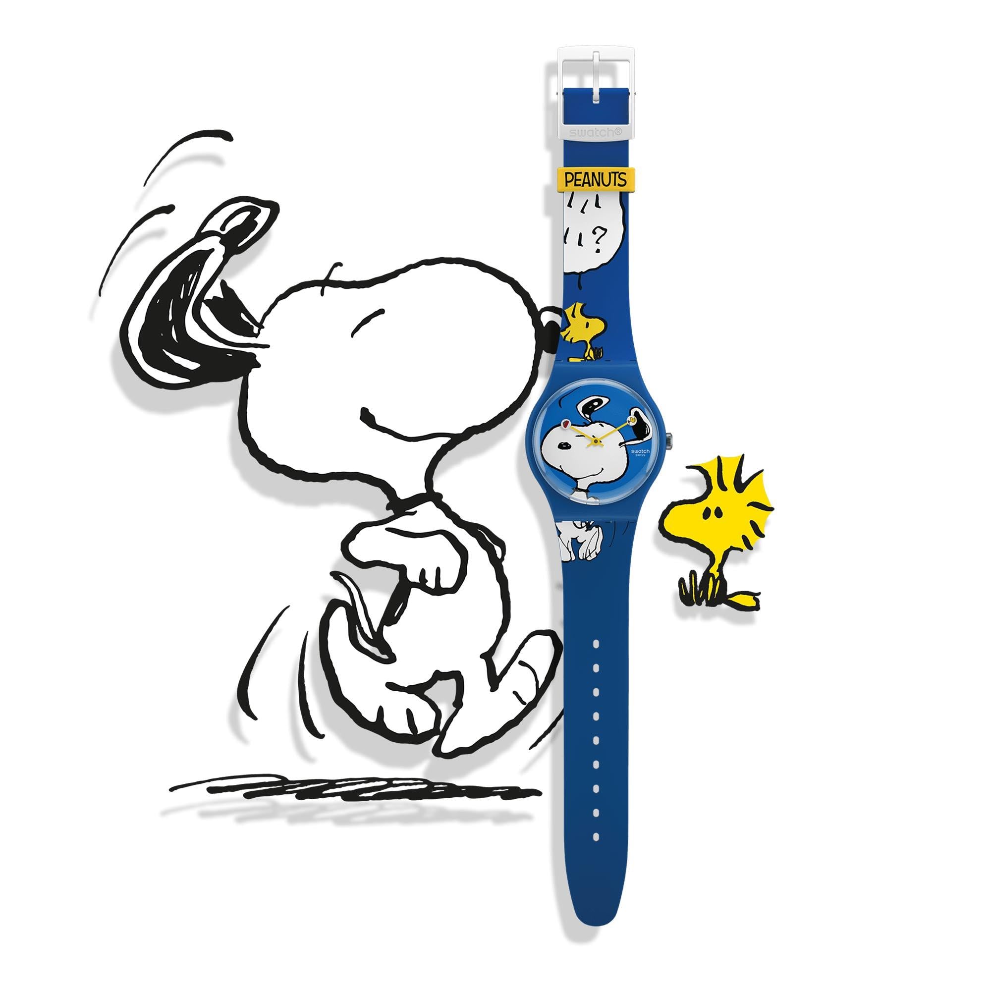 Swatch Peanuts Snoopy HEE HEE HEE Blaue Zifferblatt und Silikonarmband Uhr SO29Z106