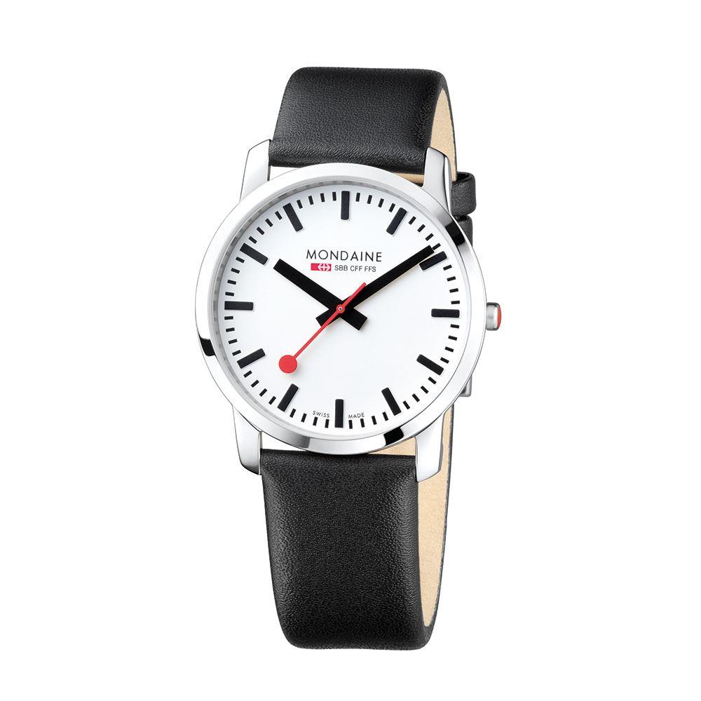 Mondaine Simply Elegant Quarz Weißes Zifferblatt Schwarzes Lederarmband Uhr A638.30350.11SBO