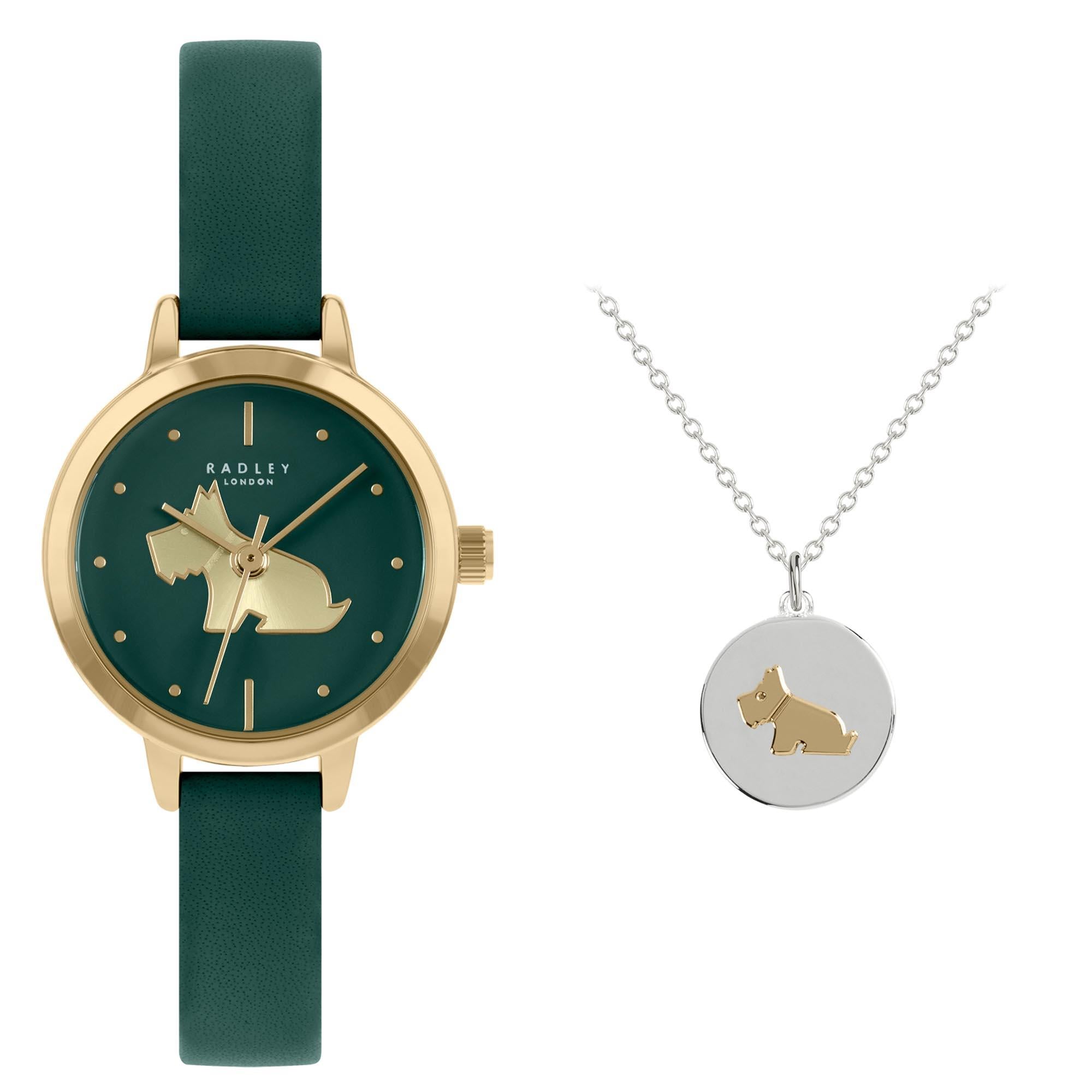 Radley Quarz Grüne Zifferblatt Lederarmband Damen Uhr Halskette Set RY21308A-SET