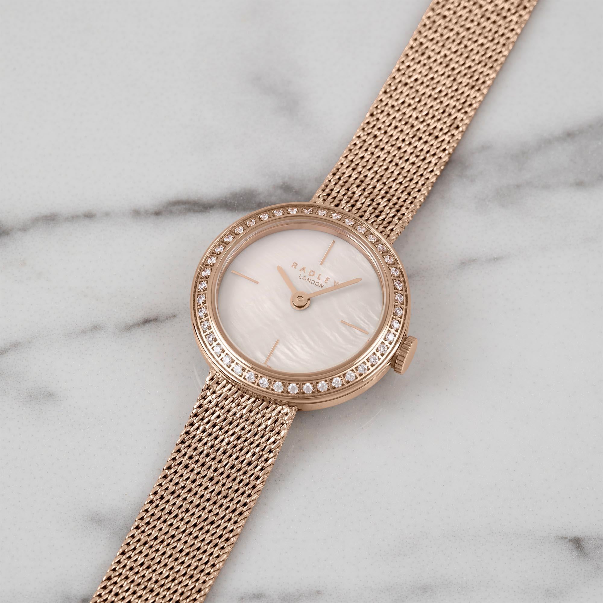 Radley Quarz Rosa Zifferblatt Gold Milanese Messing Armband Damen Uhr RY4570
