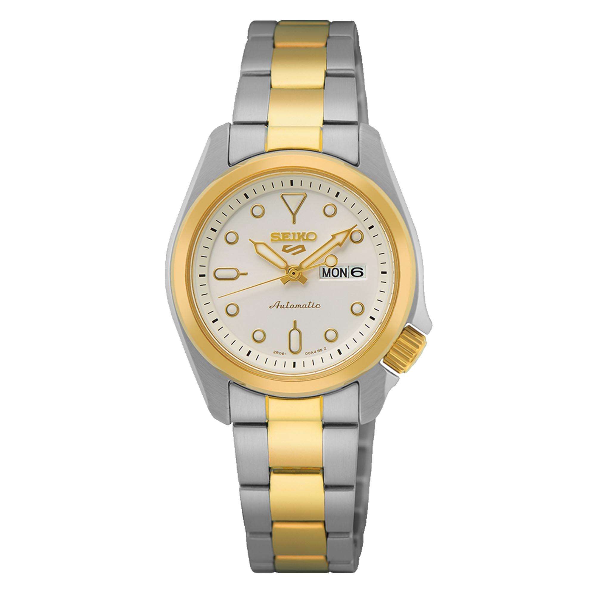 Seiko 5 Sports Kompakt Automatik Weißes Zifferblatt Zweifarbiges Edelstahlarmband Damen Uhr SRE004K1
