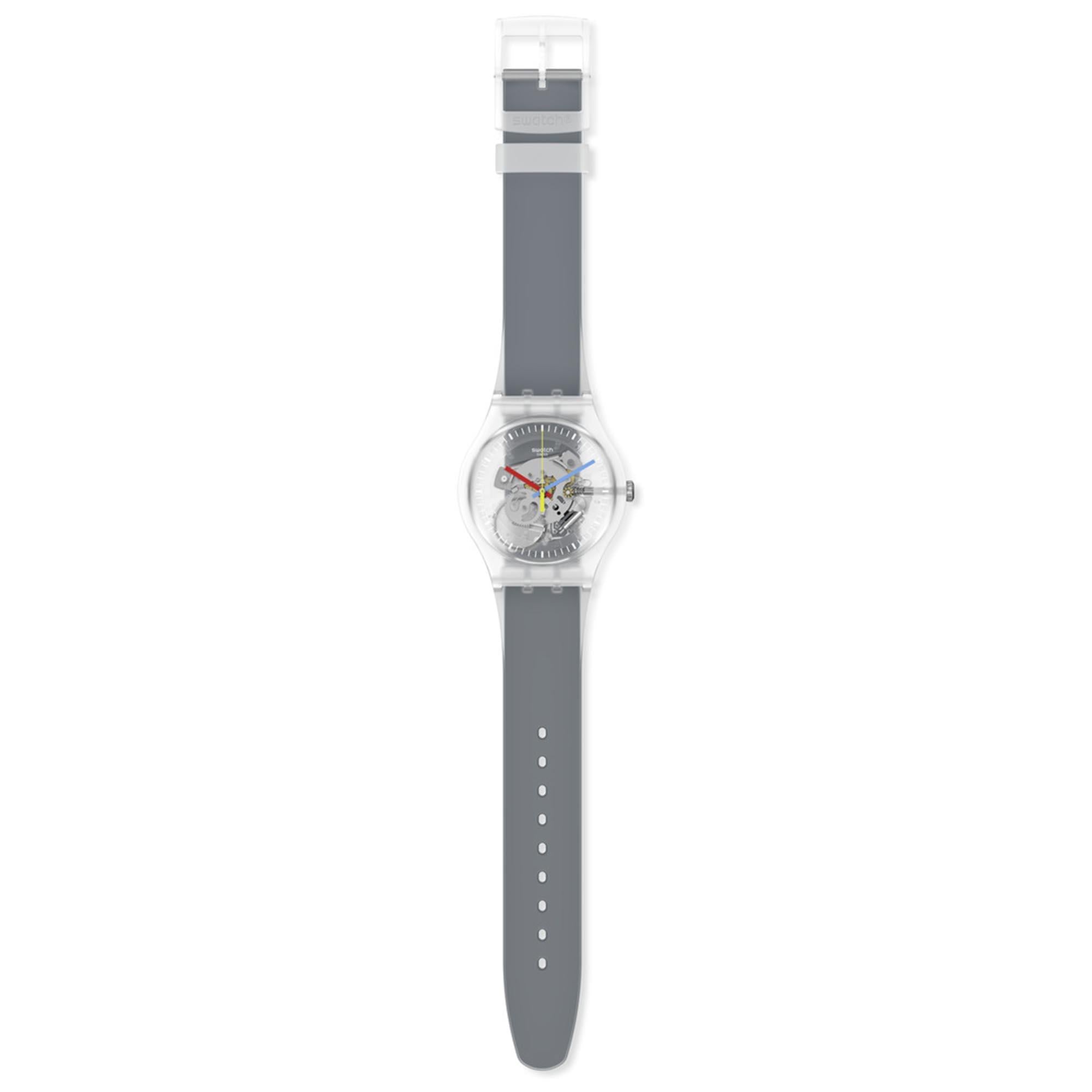 Swatch Clearly Black Striped Quarz Transparentes Zifferblatt Schwarzes Silikonarmband Uhr SUOK157