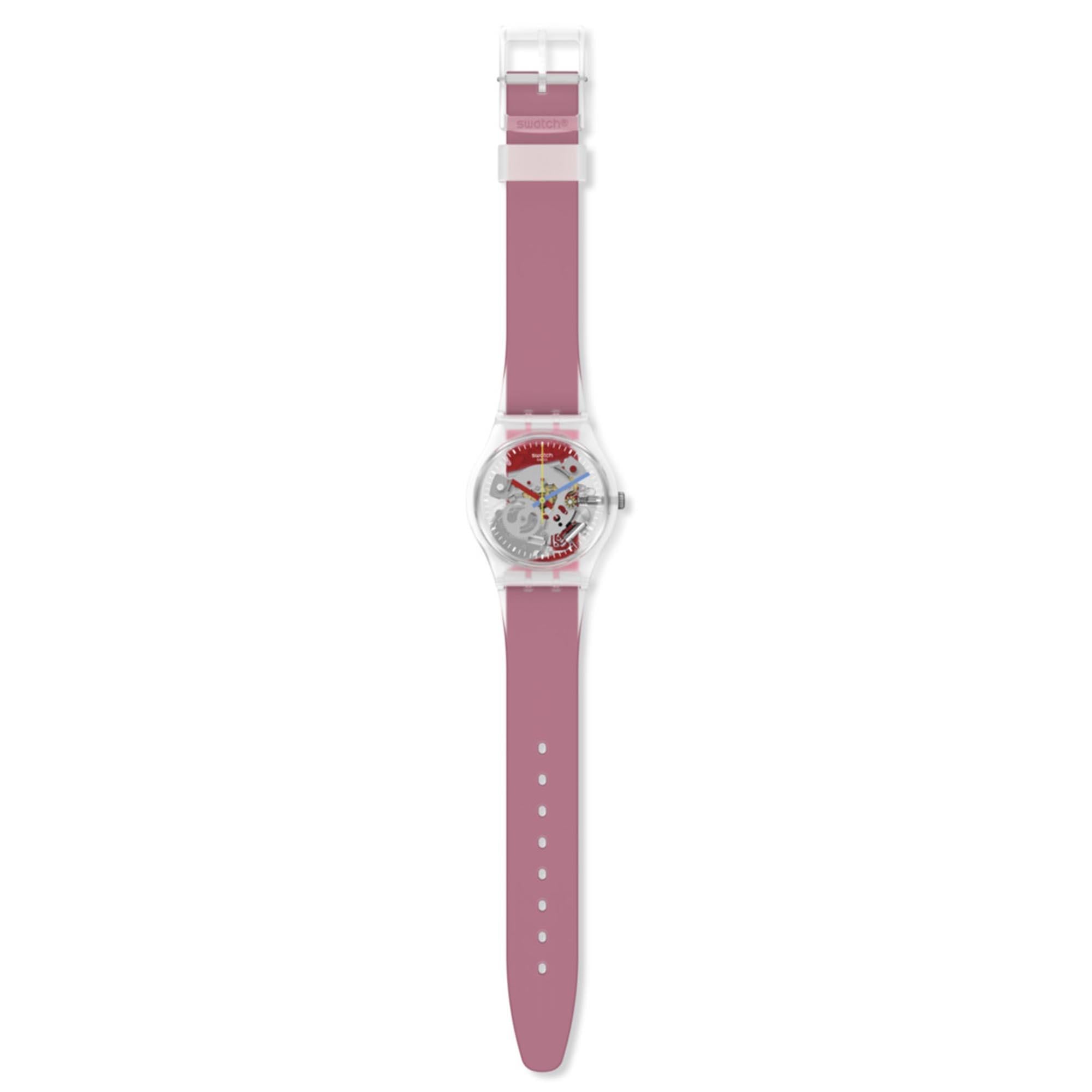 Swatch Clearly Red Striped Quartz Transparent Dial Red Silicone Strap Watch GE292