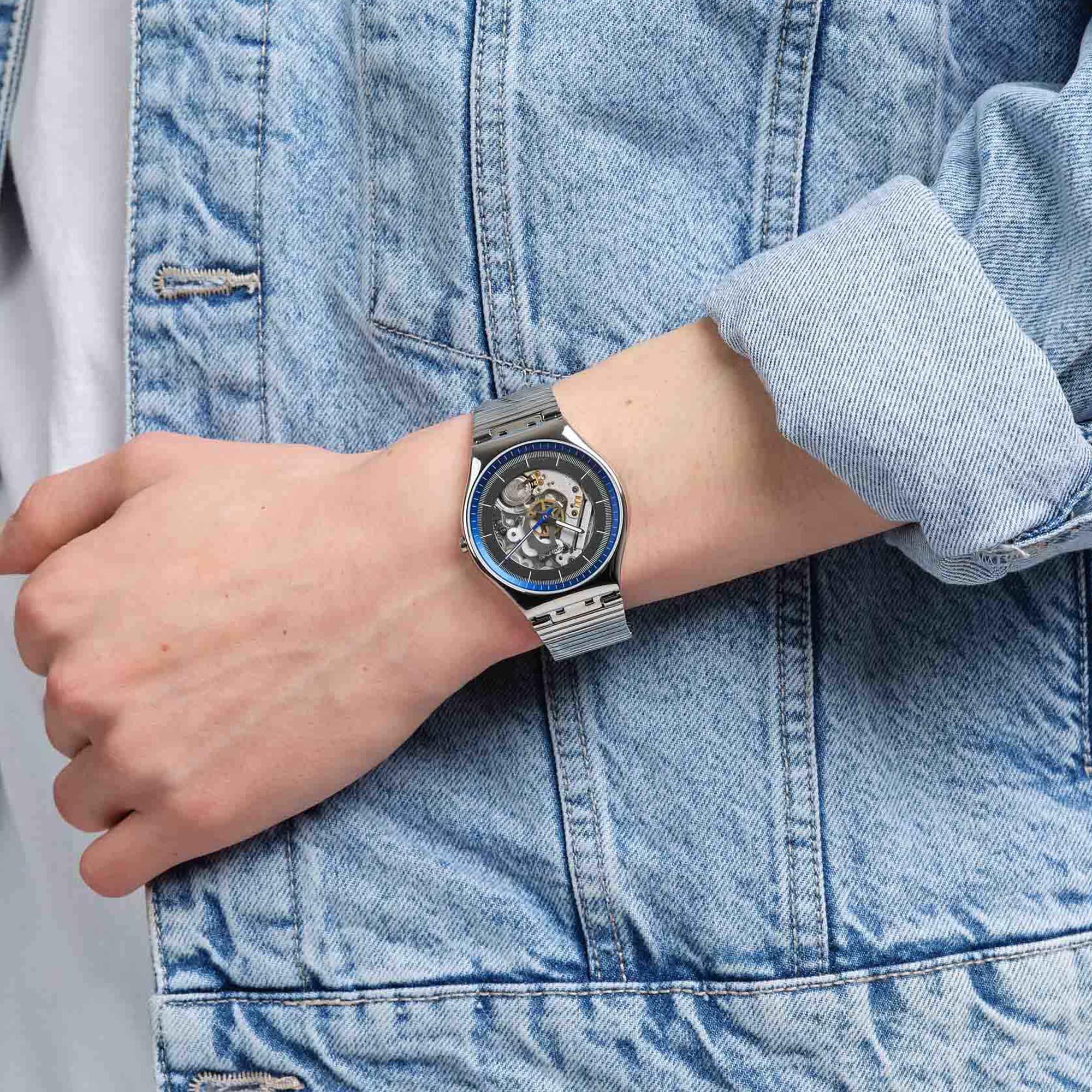 Swatch Ringing In Blue Quartz Grey Dial Stainless Steel Bracelet Men's Watch SS07S116GG
