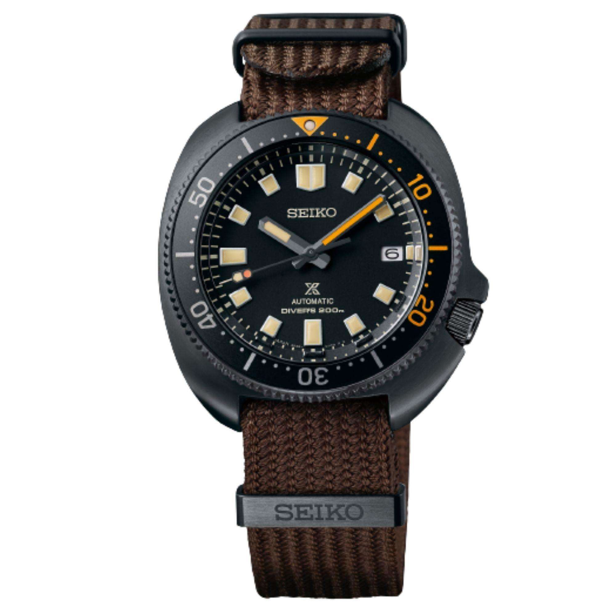 Seiko Prospex Schwarze Serie Heritage Kollektion 1970 Nachbildung Automatik Schwarzes Zifferblatt Braunes Textilarmband Herren Uhr SPB257J1