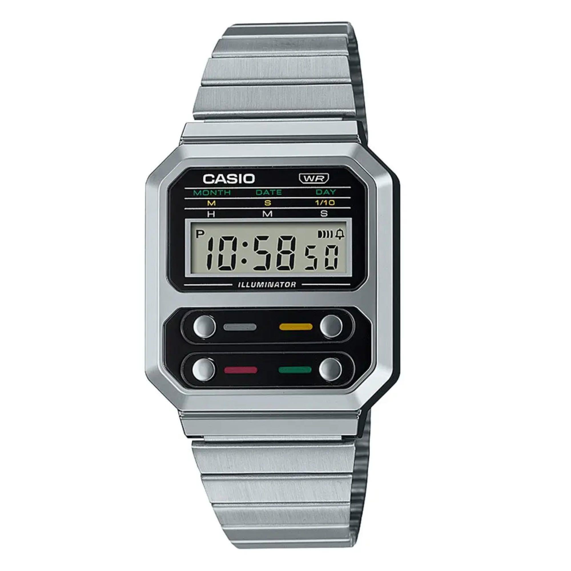 Casio Collection Vintage Retro Digital "F100 CASIO classic" Steel Bracelet Watch A100WE-1AEF