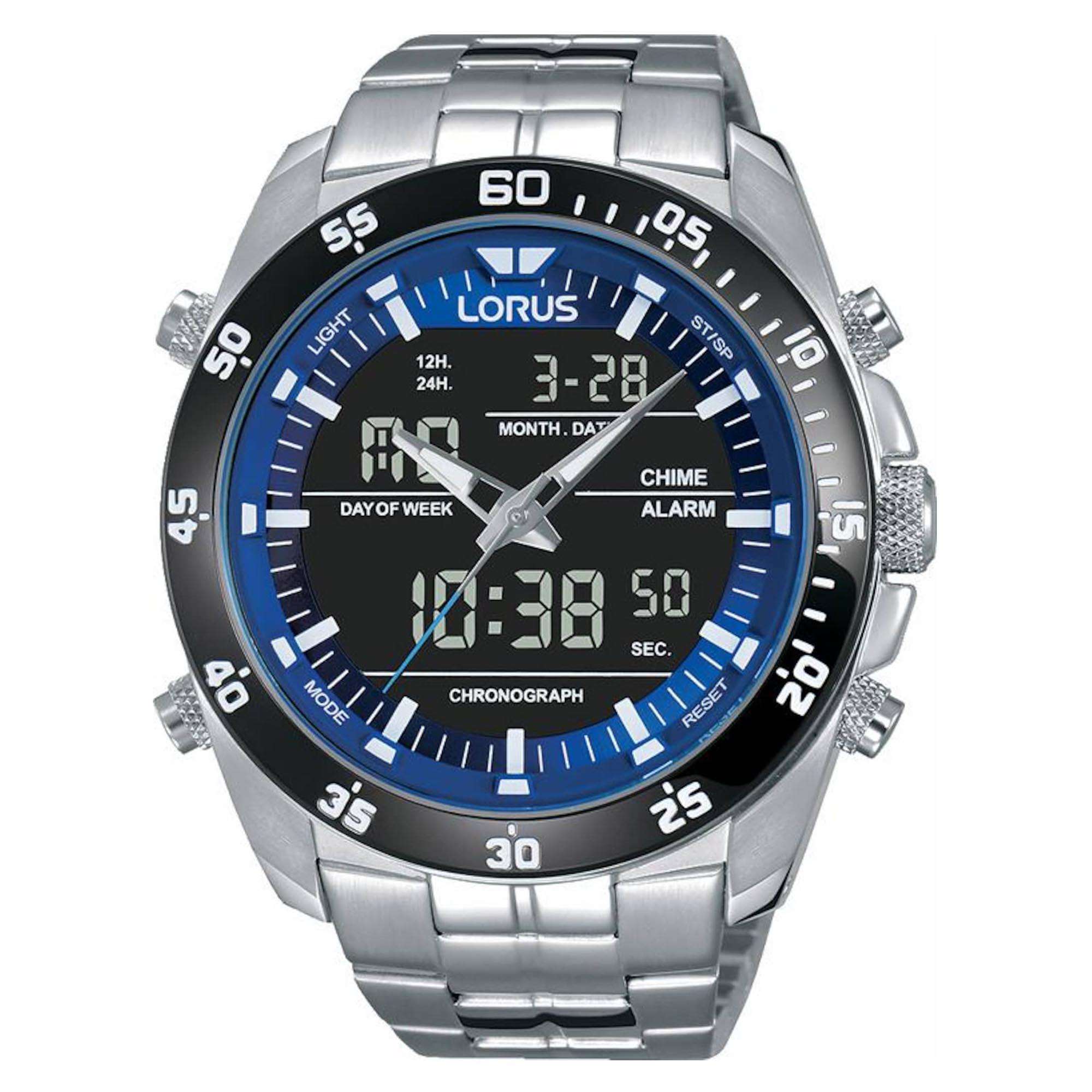 Lorus Sports Duo-Display Quarz Schwarzes Zifferblatt Edelstahl Armband Herren Uhr RW629AX5