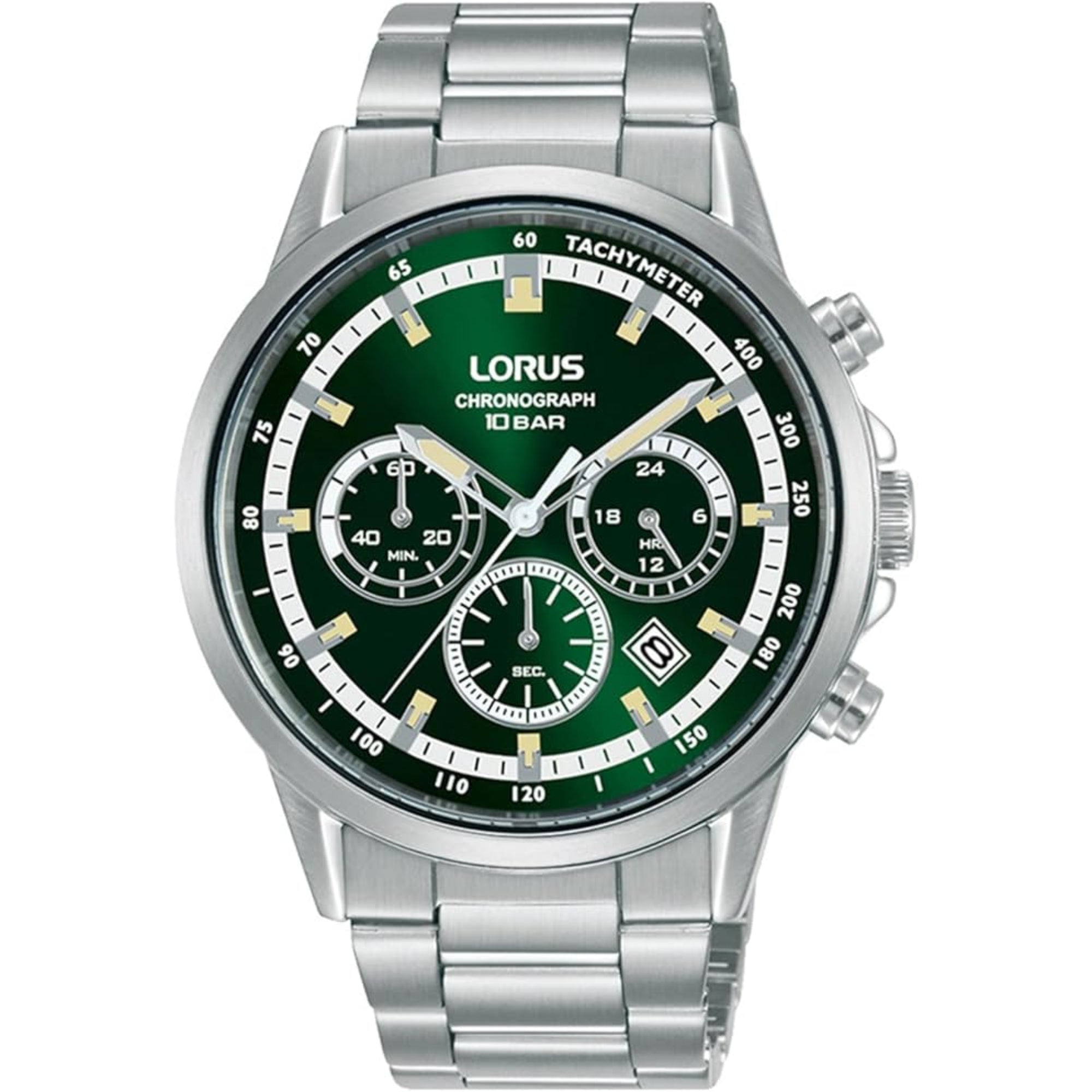 Lorus Sports Chronograph Quarz Grünes Zifferblatt Edelstahlarmband Herren Uhr RT393JX9