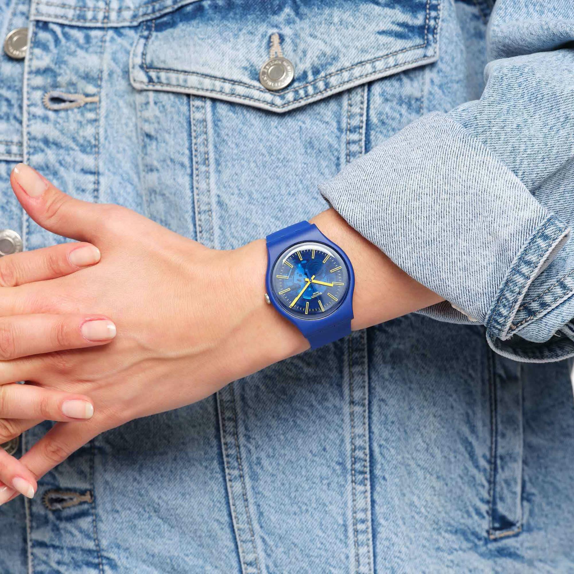 Swatch New Gent Sunbrush Sky Quarz Blaues Zifferblatt Silikon Uhr SO29N101