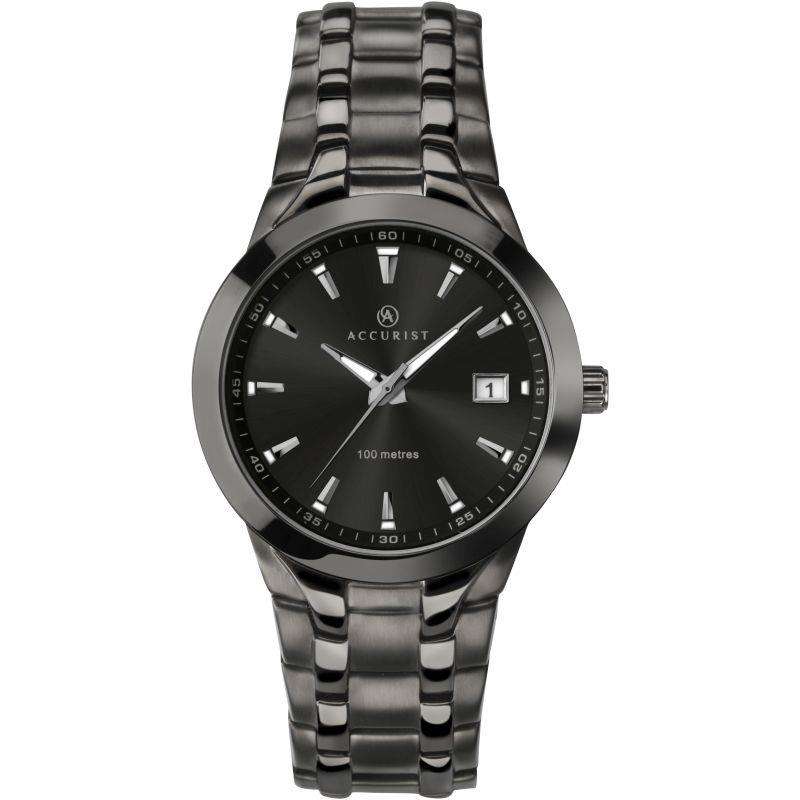 Accurist Quarz Schwarzes Zifferblatt Schwarzes IP Stahlarmband Herren Uhr 7178