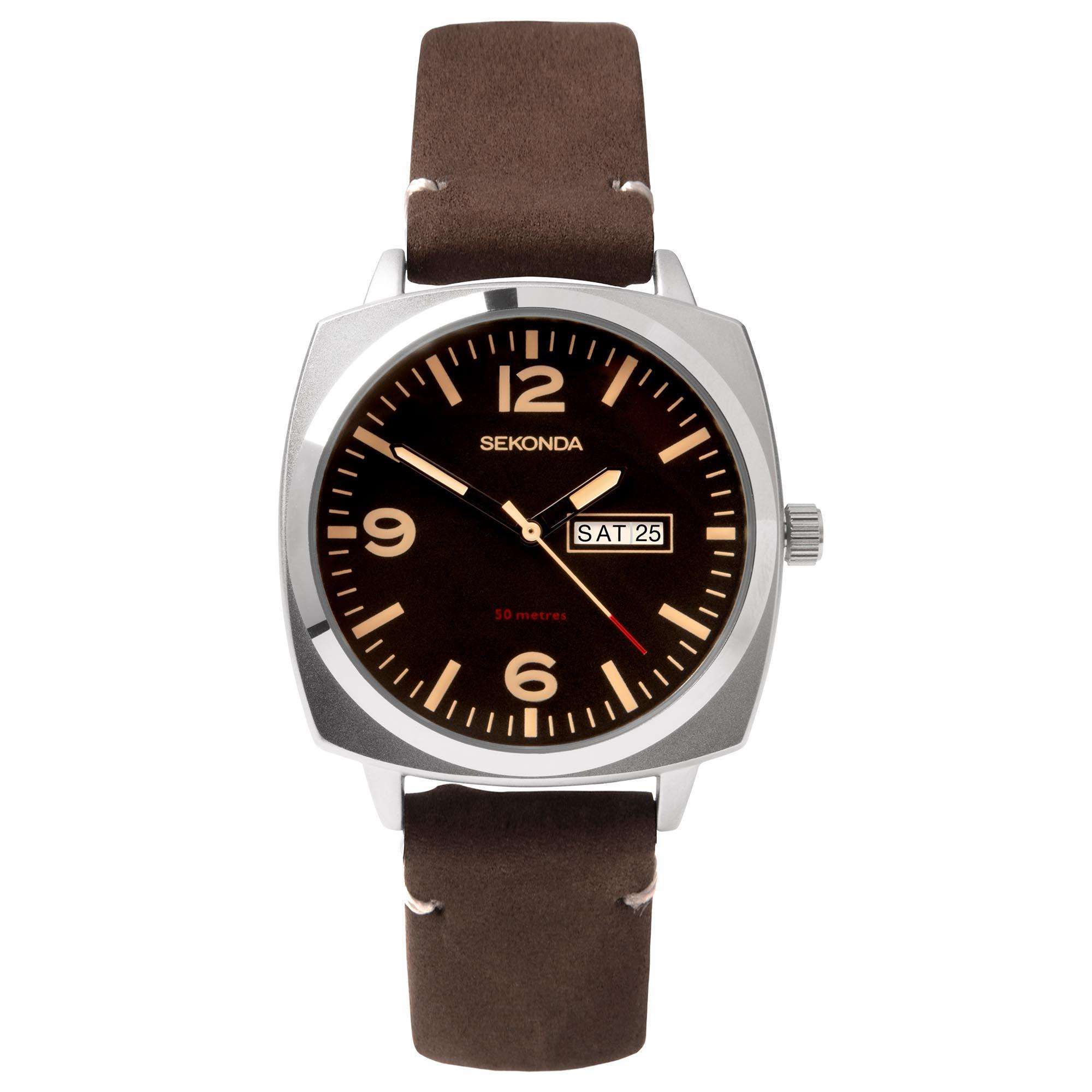Sekonda Airborne Quarz Schwarze Zifferblatt Brauner Armband Herren Uhr 1988