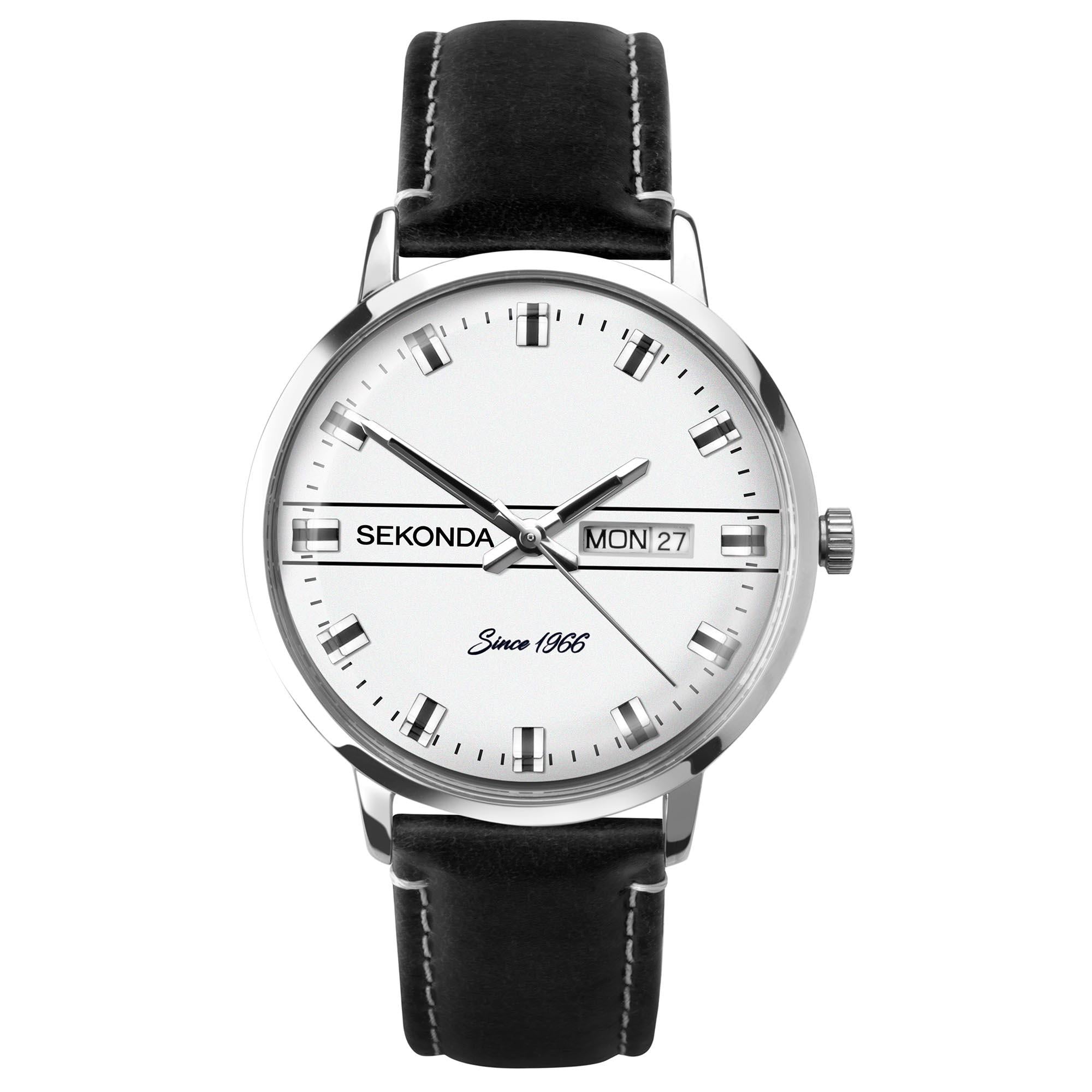 Sekonda Classic Quarz Weißer Zifferblatt Schwarzer Lederarmband Herren Uhr 1948
