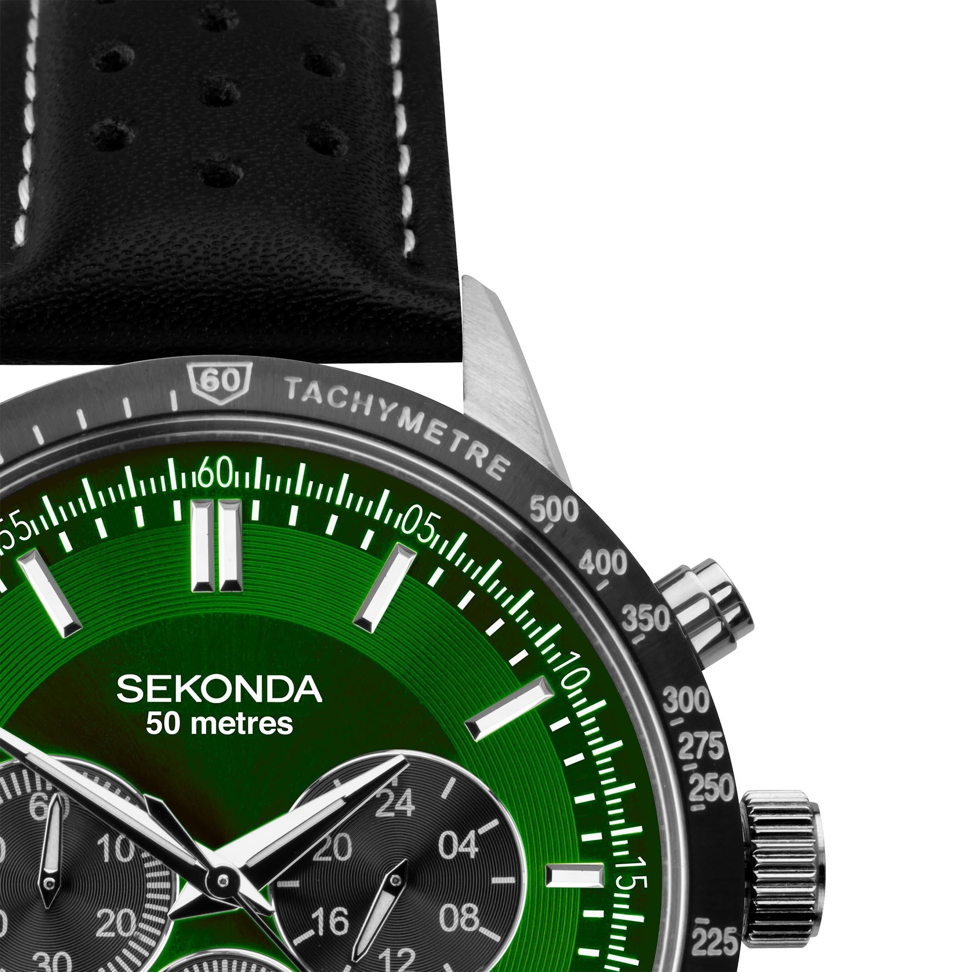 Sekonda Chronograph Quarz Grünes Zifferblatt Schwarzes Lederarmband Herren Uhr 1937