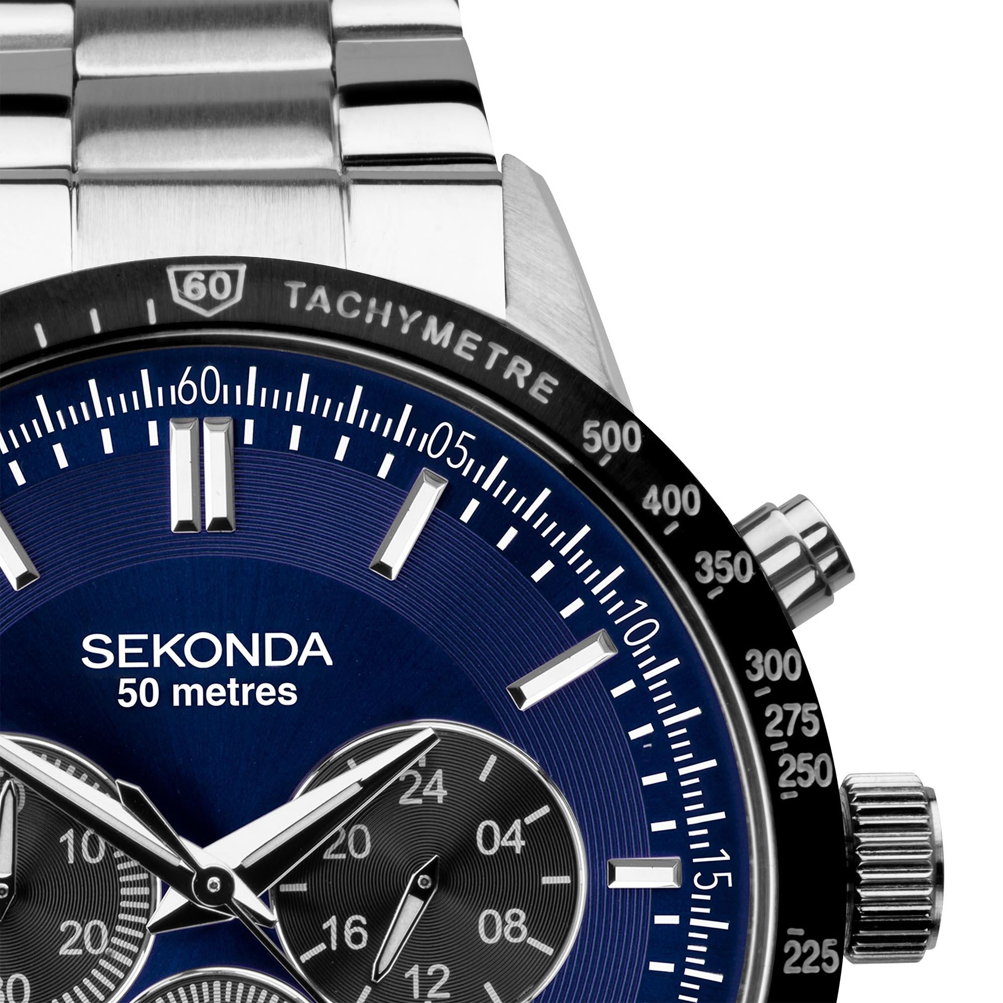 Sekonda Hero Chronograph Quarz Blaues Zifferblatt Edelstahlarmband Herren Uhr 1970