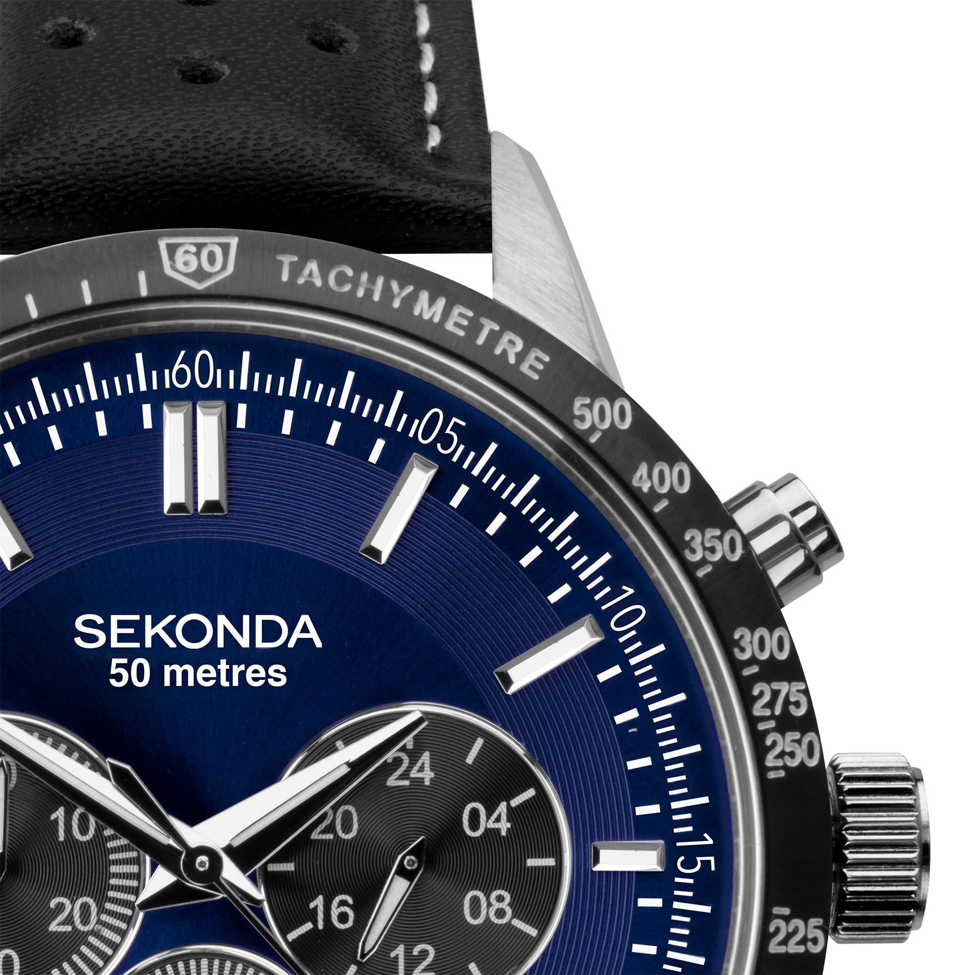 Sekonda Chronograph Quarz Blauer Zifferblatt Schwarzer Armband Herren Uhr 1971