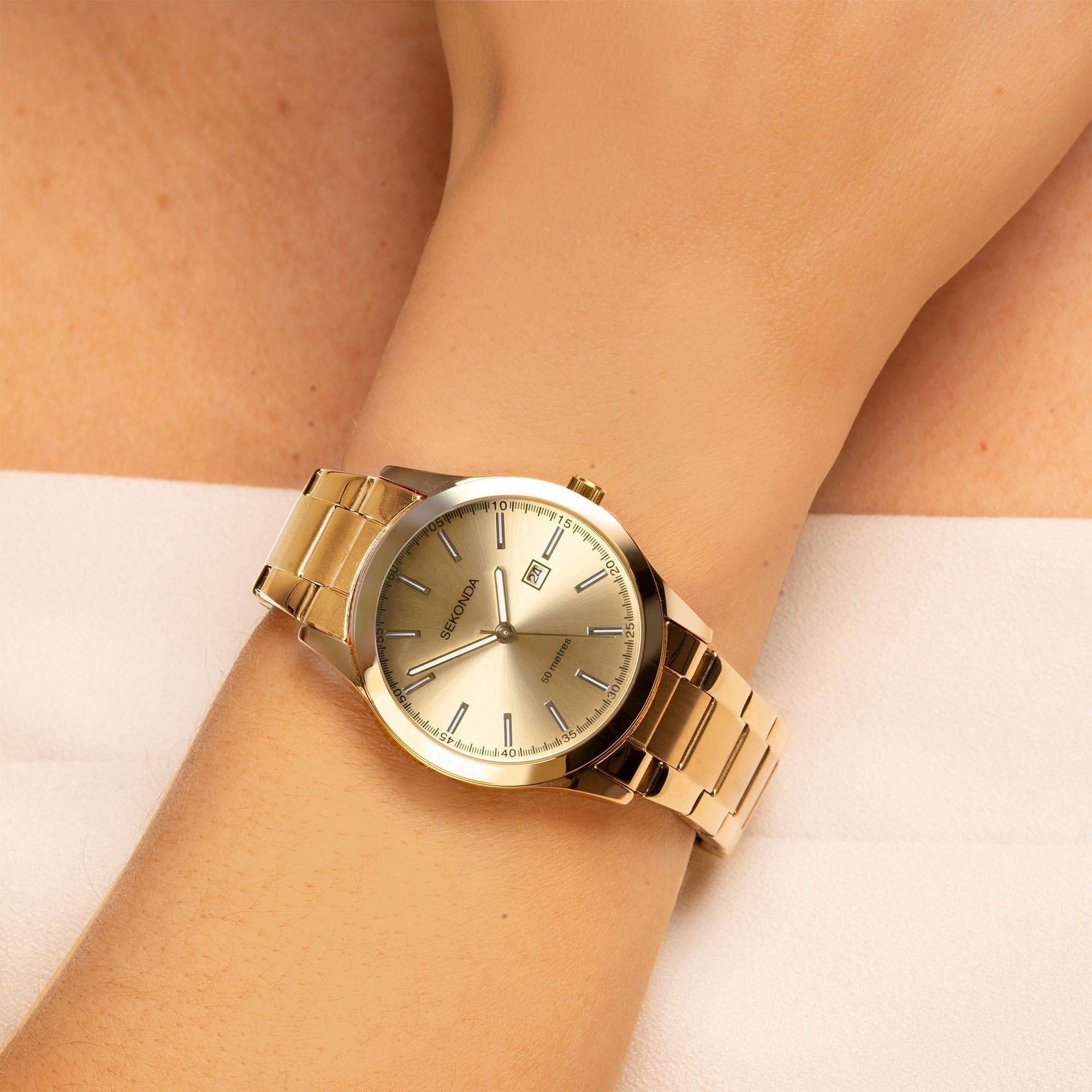 Sekonda Classic Colour Pop Quarz Champagner Zifferblatt Gold PVD Edelstahlarmband Damen Uhr 40428