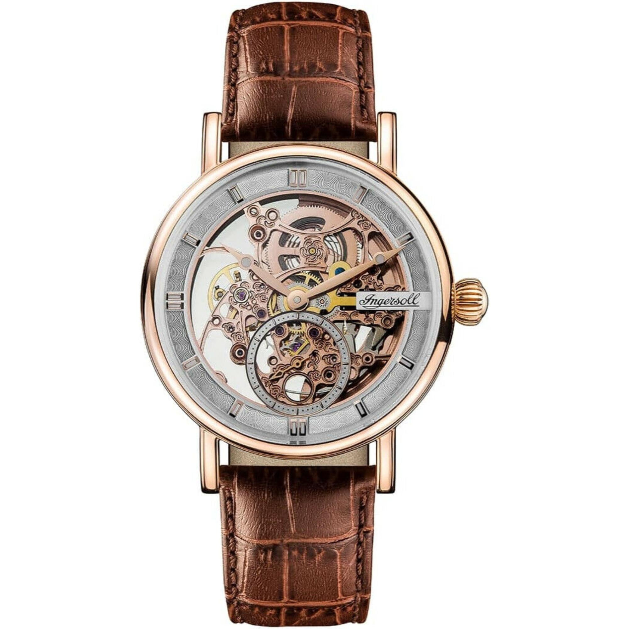 Ingersoll 'The Herald' Automatik Silber Zifferblatt Braun Lederarmband Herren Uhr I00401B