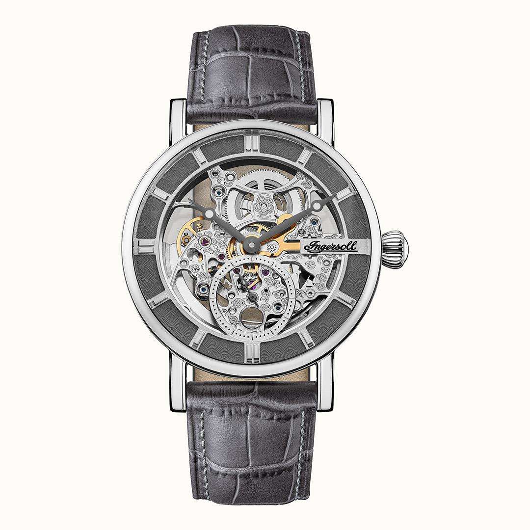Ingersoll The Herald Automatik Graues Lederarmband Silbernes Zifferblatt Herren Uhr I00402B