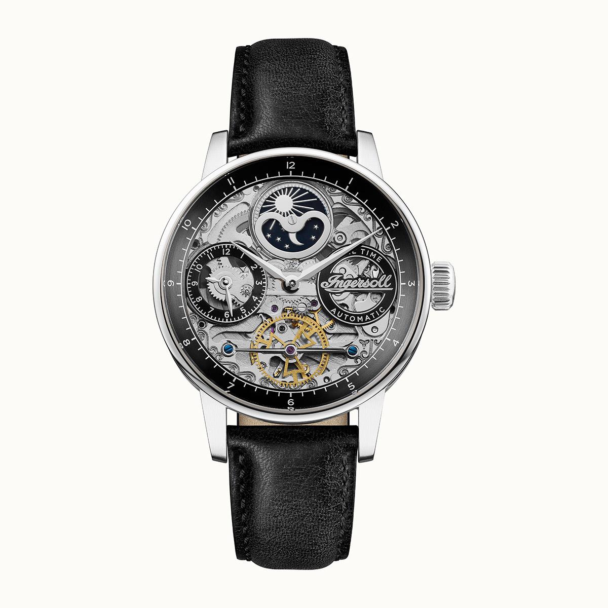 Ingersoll The Jazz Automatik Schwarzes Zifferblatt Schwarzes Lederarmband Herren Uhr I07701