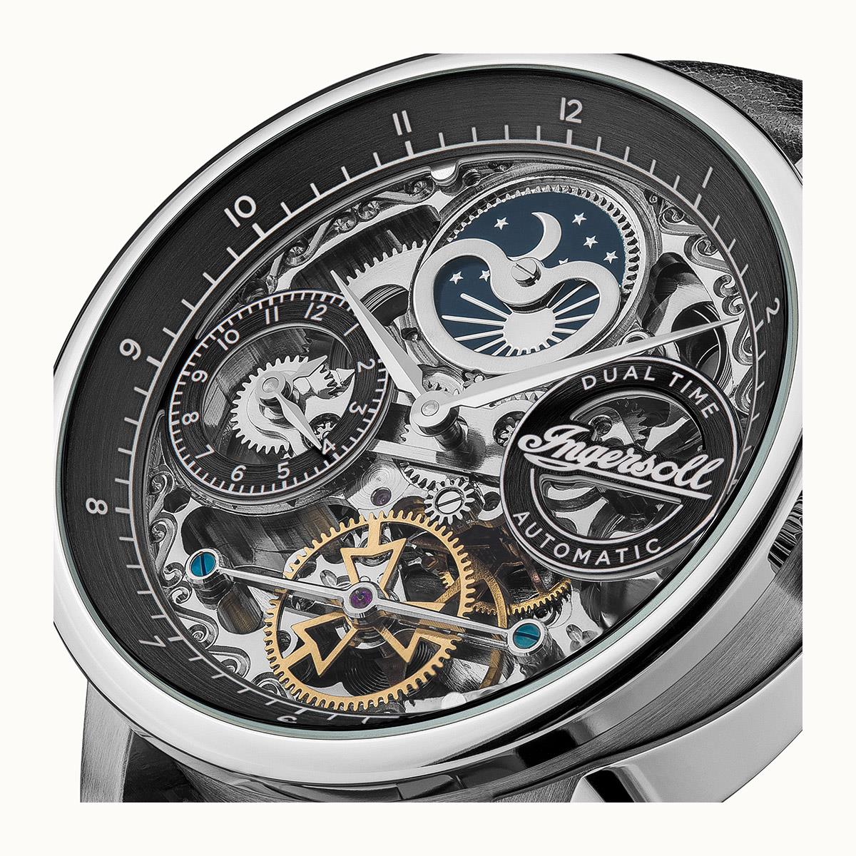 Ingersoll The Jazz Automatik Schwarzes Zifferblatt Schwarzes Lederarmband Herren Uhr I07701