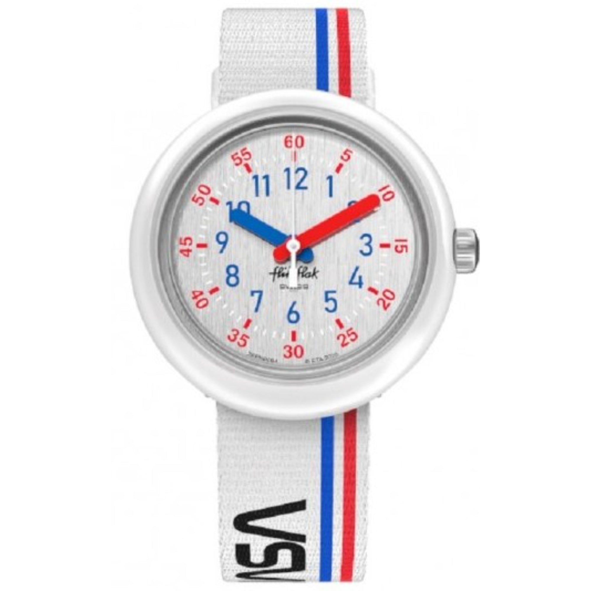 Flik Flak 3-2-1 Liftoff! Quarz Silbernes Zifferblatt Weißes Recyceltes PET Armband Kinder Uhr FPNP094