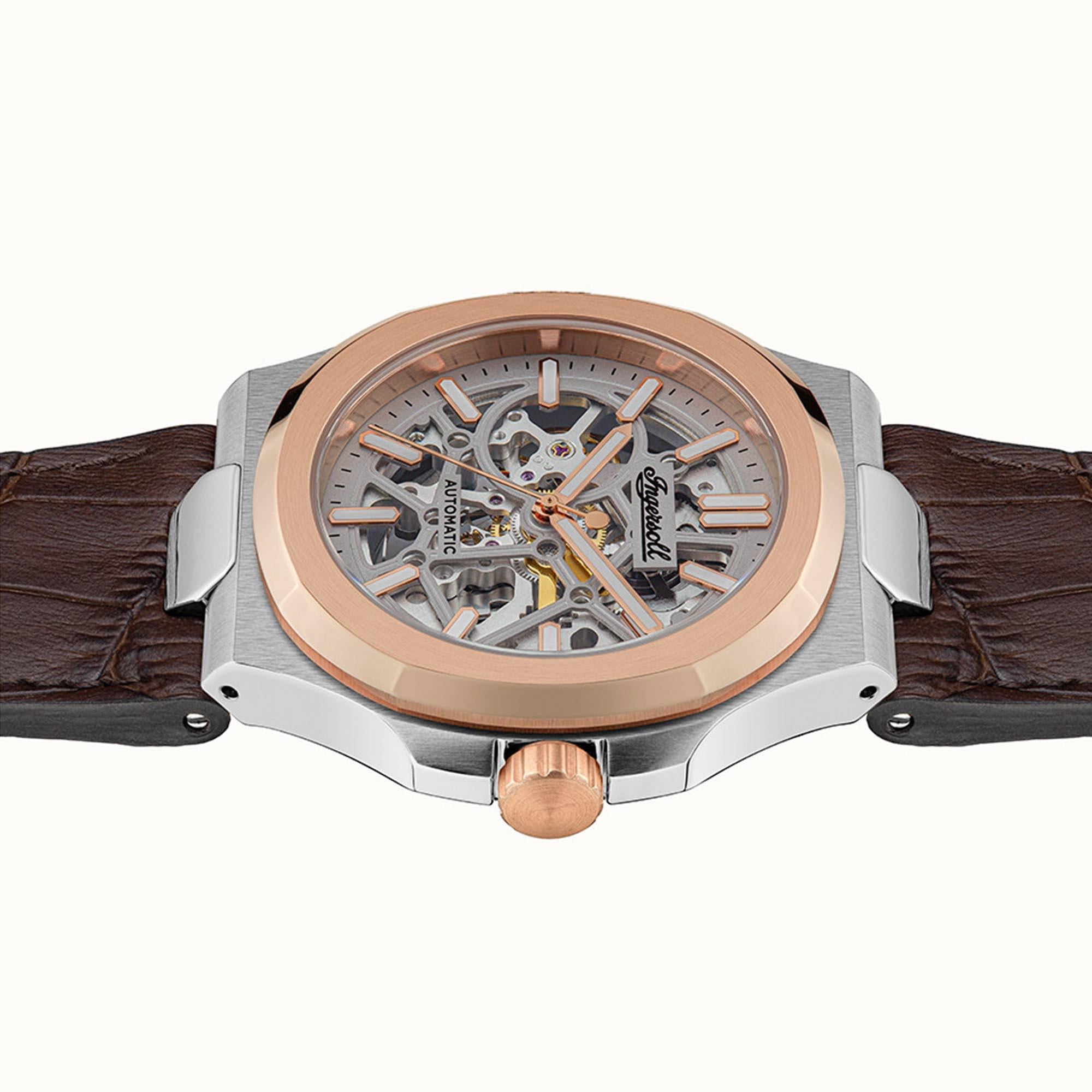 Ingersoll The Catalina Automatik Silbernes Zifferblatt Braunes Lederarmband Herren Uhr I12503