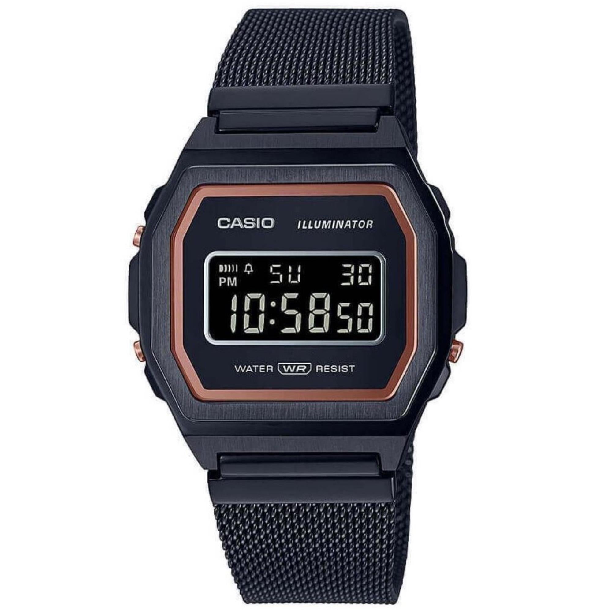 Casio Collection Vintage Digital Schwarzes Zifferblatt Schwarze Milanese Uhr A1000MB-1BEF
