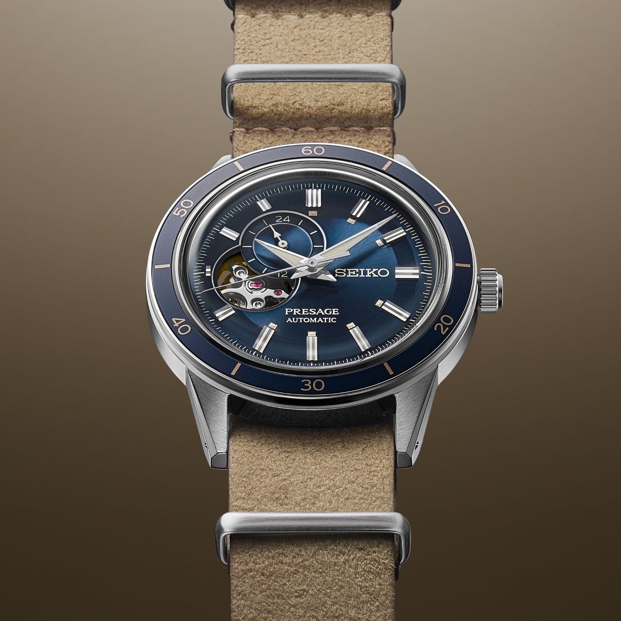 Seiko Presage Style 60s Automatik Blaues Zifferblatt Beiges Lederarmband Herren Uhr SSA453J1