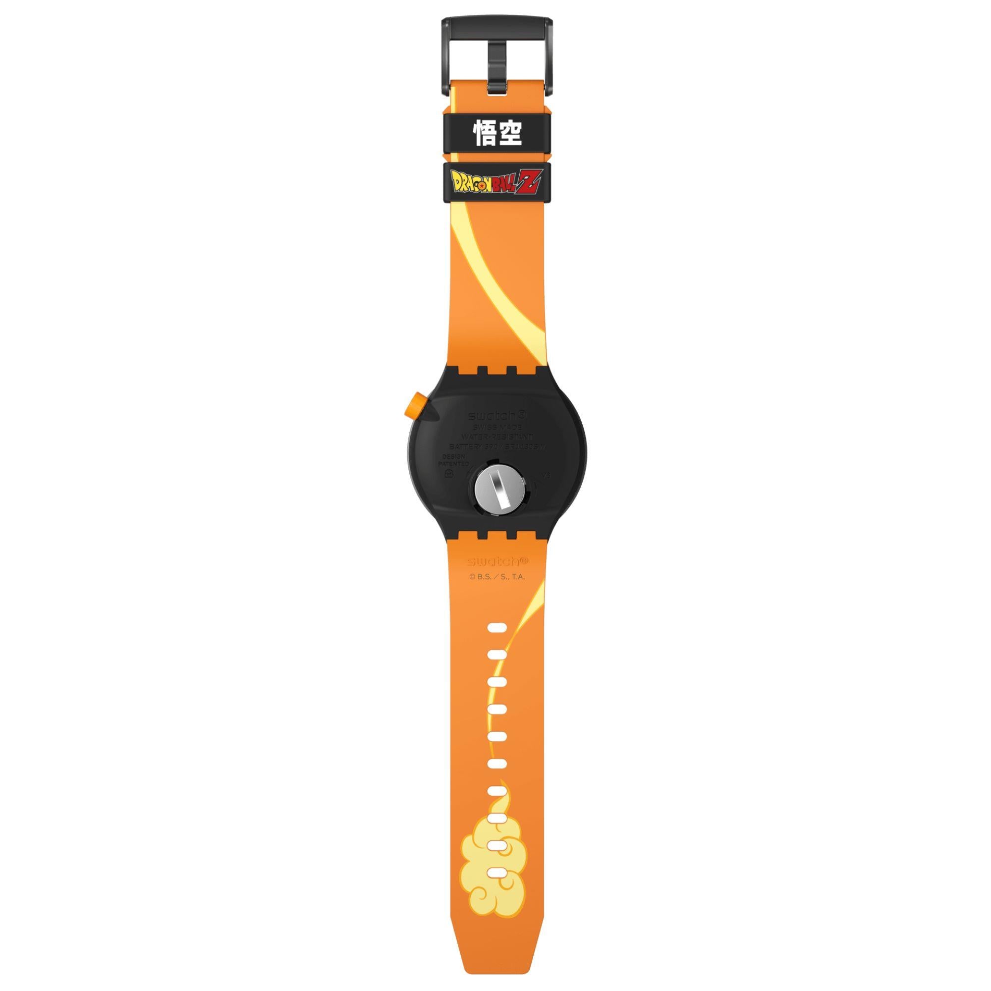 Orange and black watch with character design on a white background