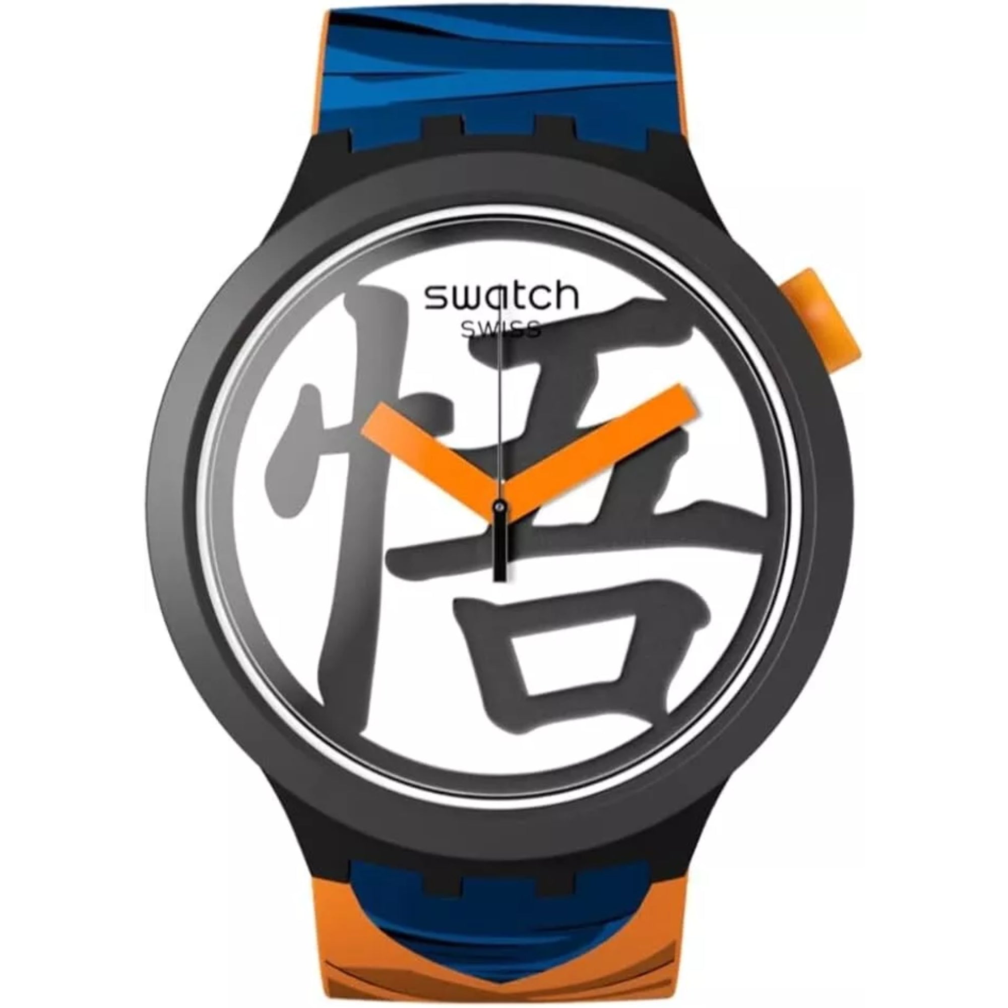 Swatch watch with black, orange, and blue design on a white background
