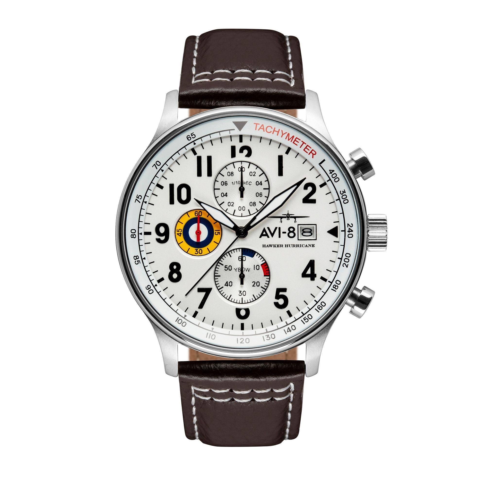 Die AVI-8 Hawker Hurricane Classic Chronograph Uhr mit weißem Zifferblatt und braunem Lederarmband für Herren AV-4011-01