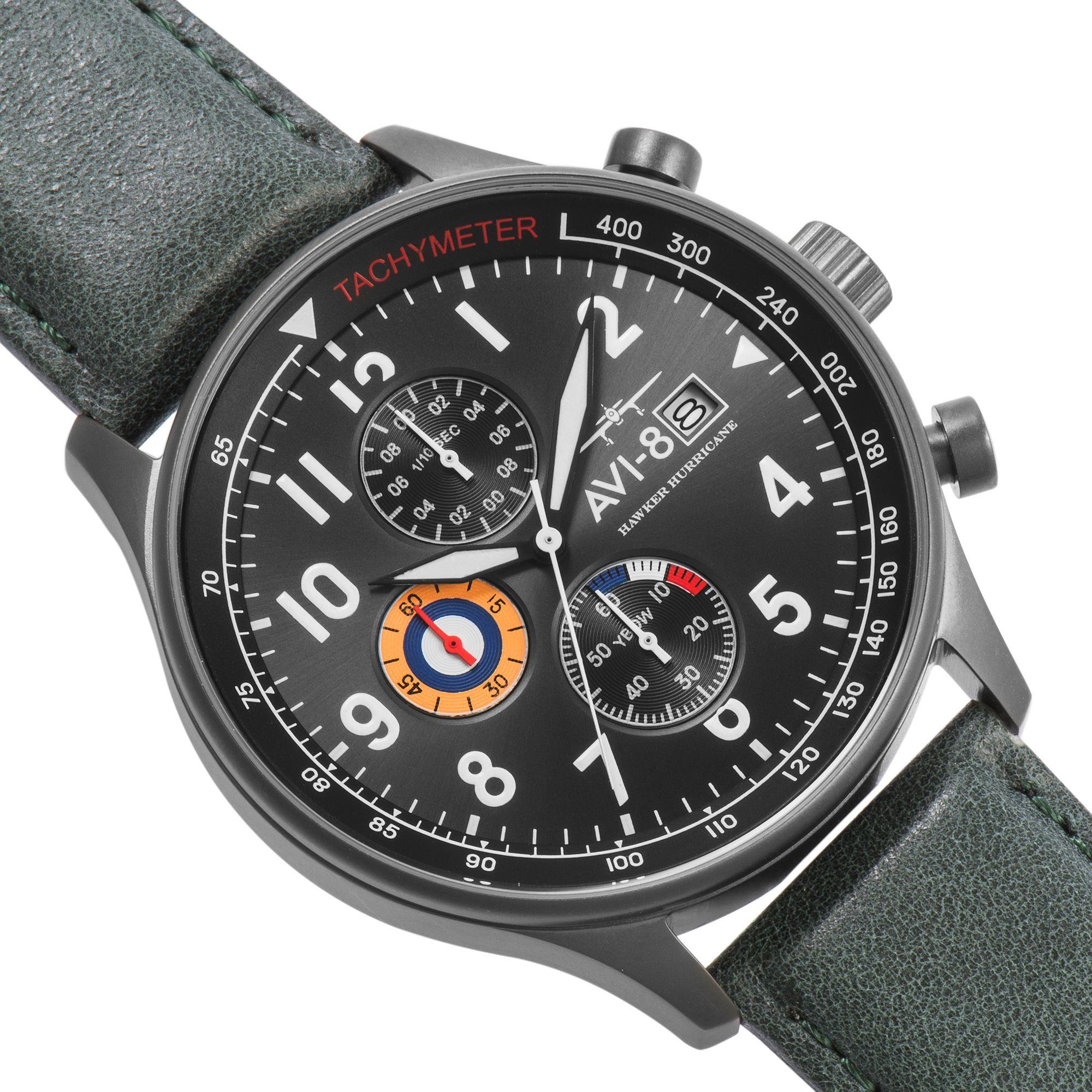 The AVI-8 Hawker Hurricane Classic Chronograph Black Dial Green Leather Strap Mens Watch AV-4011-0D