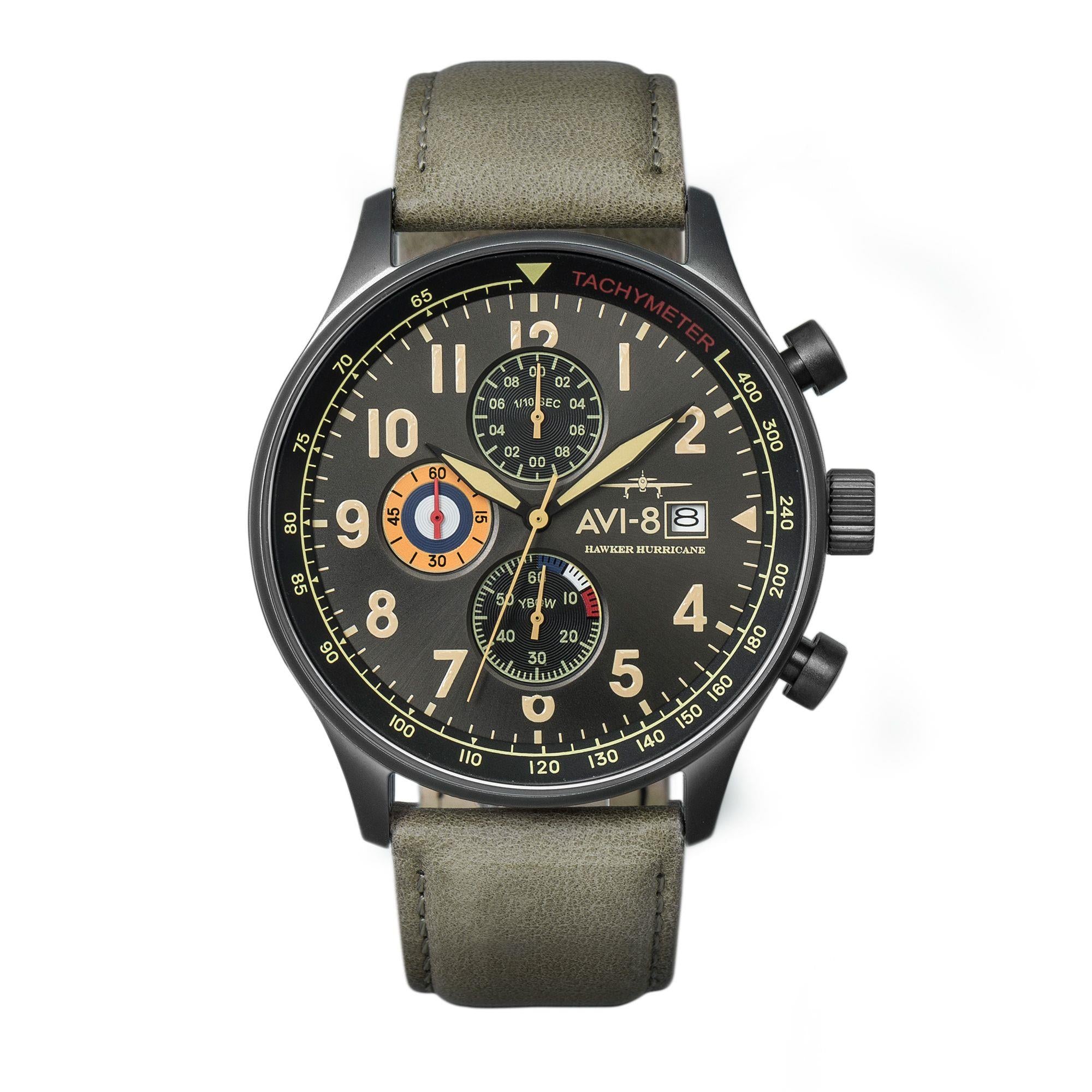 Die AVI-8 Hawker Hurricane Classic Chronograph Uhr mit schwarzem Zifferblatt und grünem Lederarmband für Herren AV-4011-0E