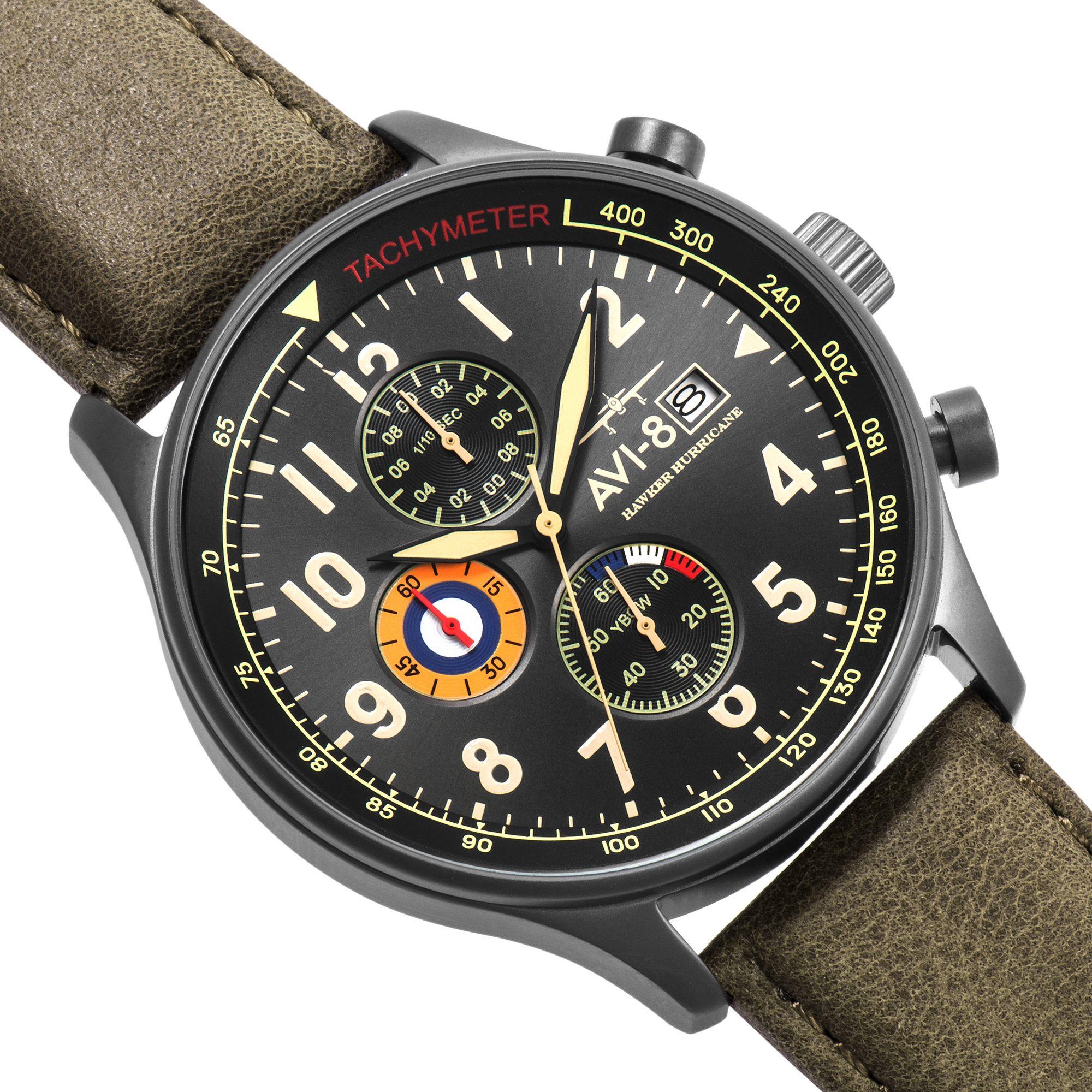 Die AVI-8 Hawker Hurricane Classic Chronograph Uhr mit schwarzem Zifferblatt und grünem Lederarmband für Herren AV-4011-0E