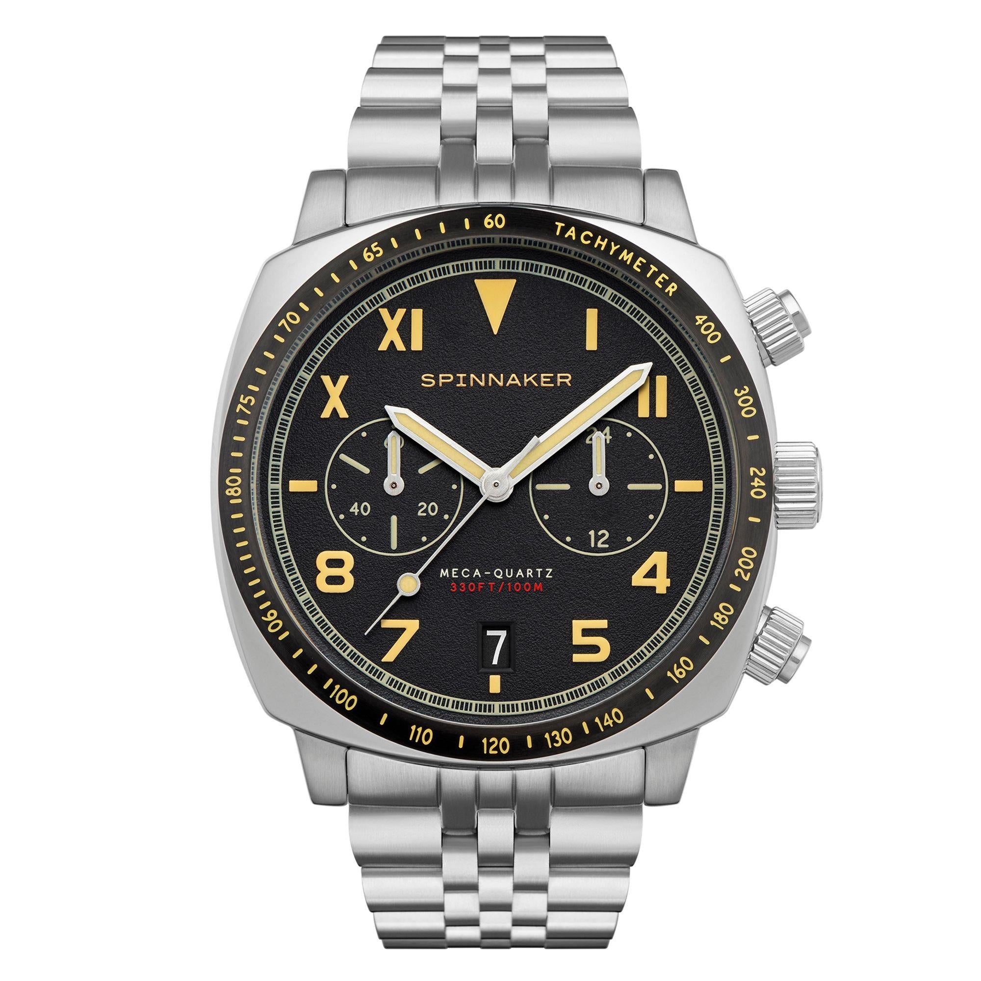 Spinnaker Hull California Chorongraph Vintage Black Dial Stainless Steel Bracelet Mens Watch SP-5092-11