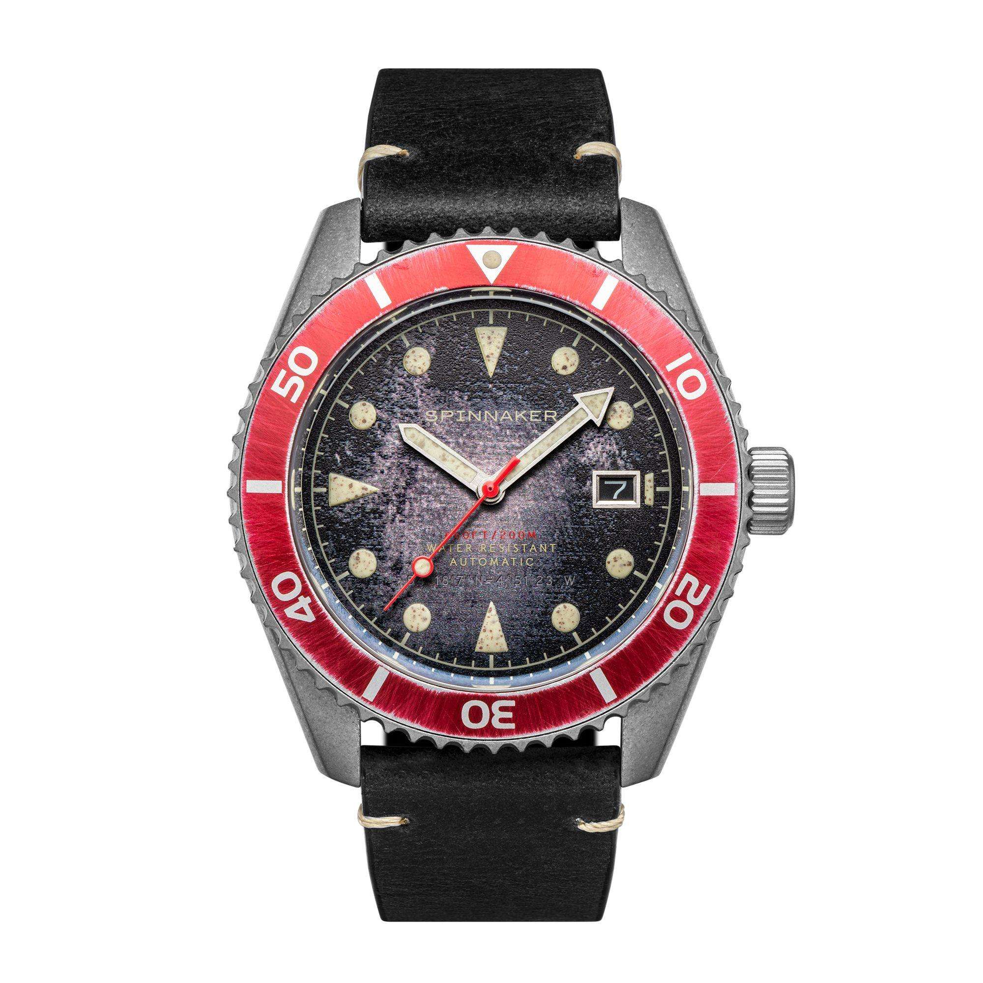 Spinnaker Wreck Abgenutzt Schwarz Zifferblatt Schwarzes Lederarmband Herren Uhr SP-5089-01