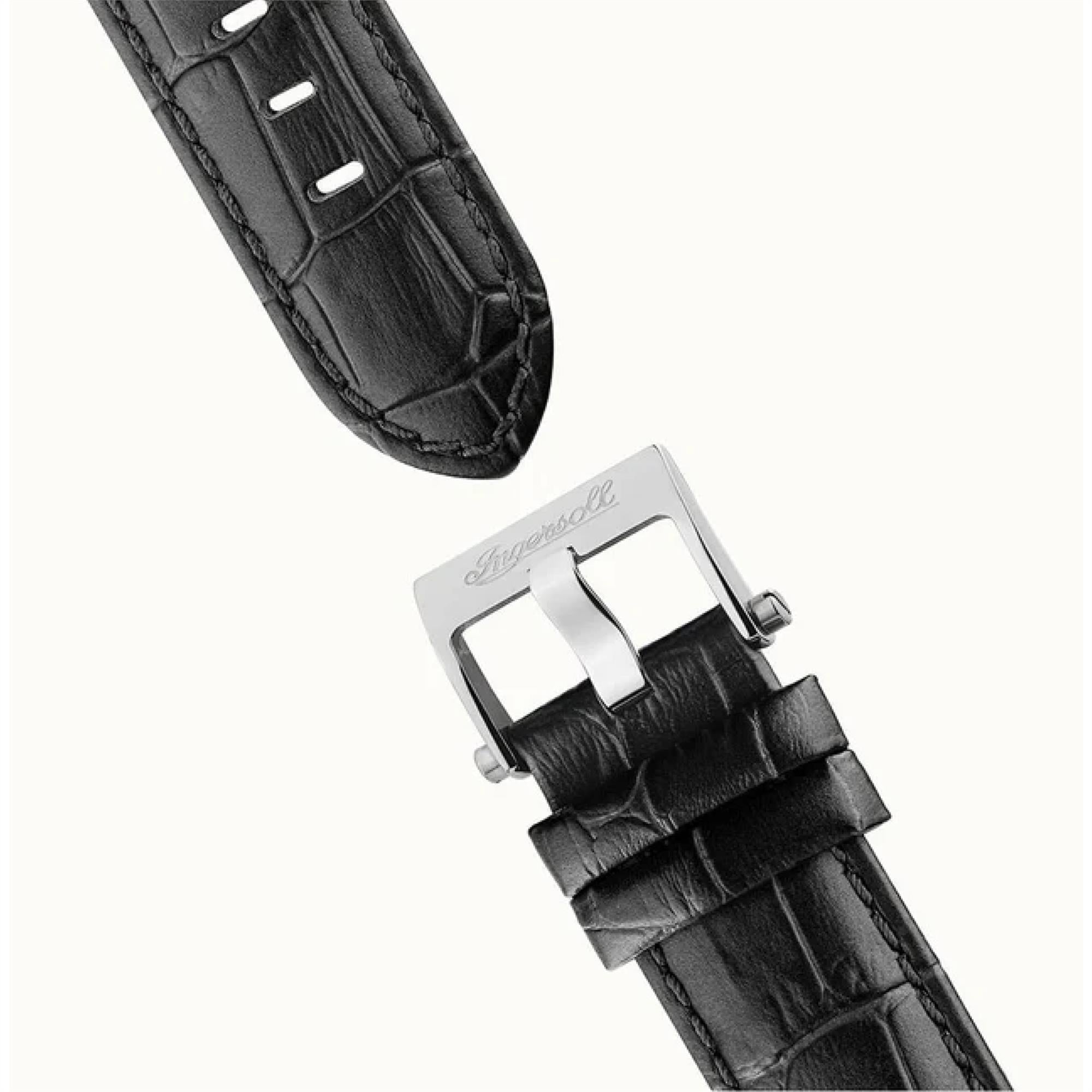Ingersoll The Row 1892 Automatik Herren Uhr Silbernes Zifferblatt Schwarzes Lederarmband I12401