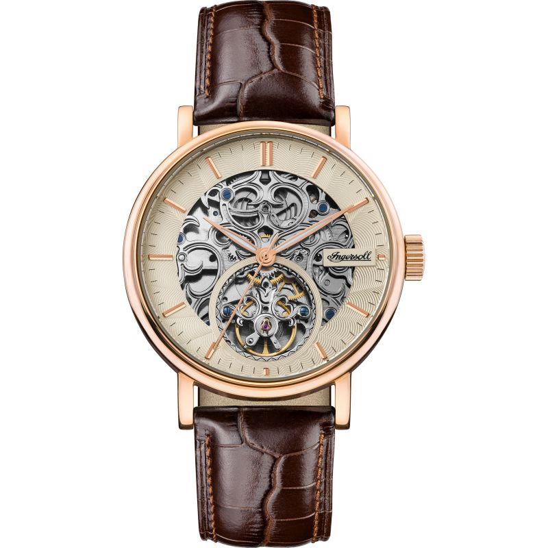 Ingersoll 1892 The Charles Automatische Herrenarmbanduhr mit Champagner Skelettzifferblatt und Braunem Lederarmband - I05805