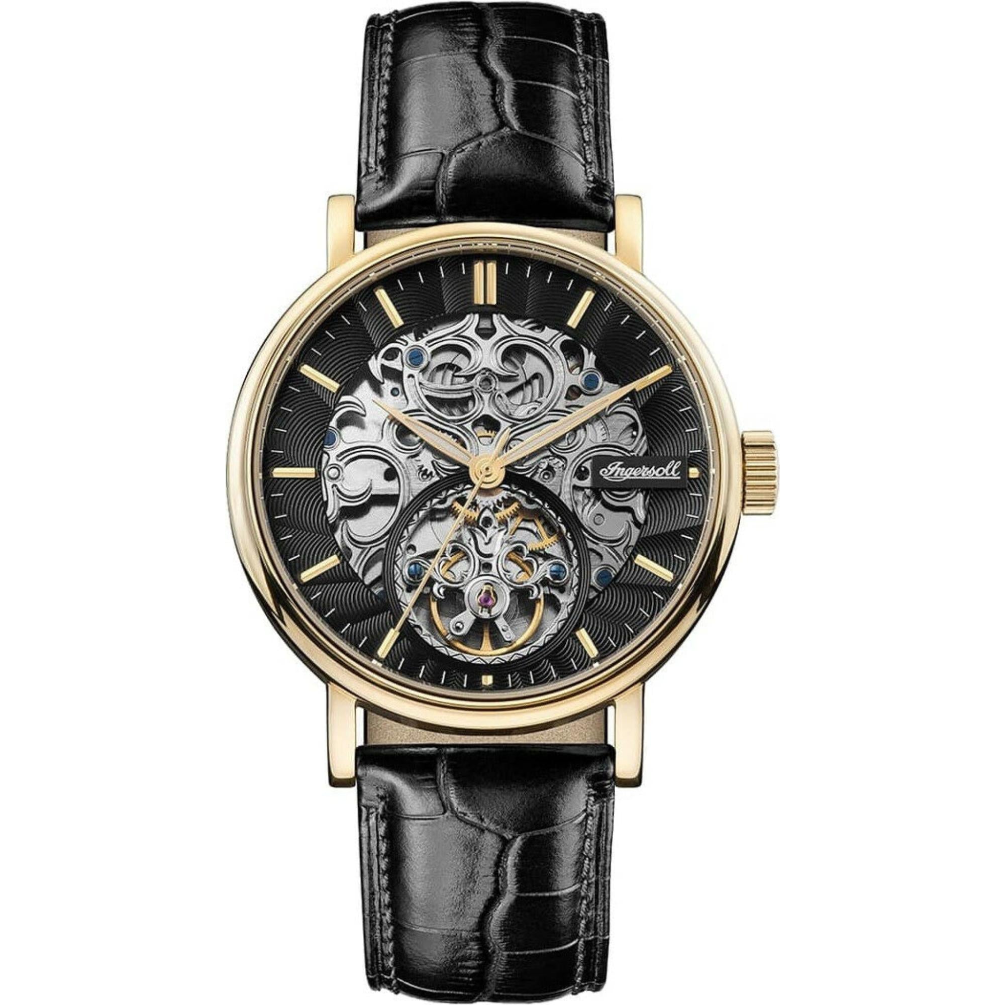 Ingersoll 1892 The Charles Automatische Herrenarmbanduhr mit Schwarzem Zifferblatt und Schwarzem Lederarmband - I05802B